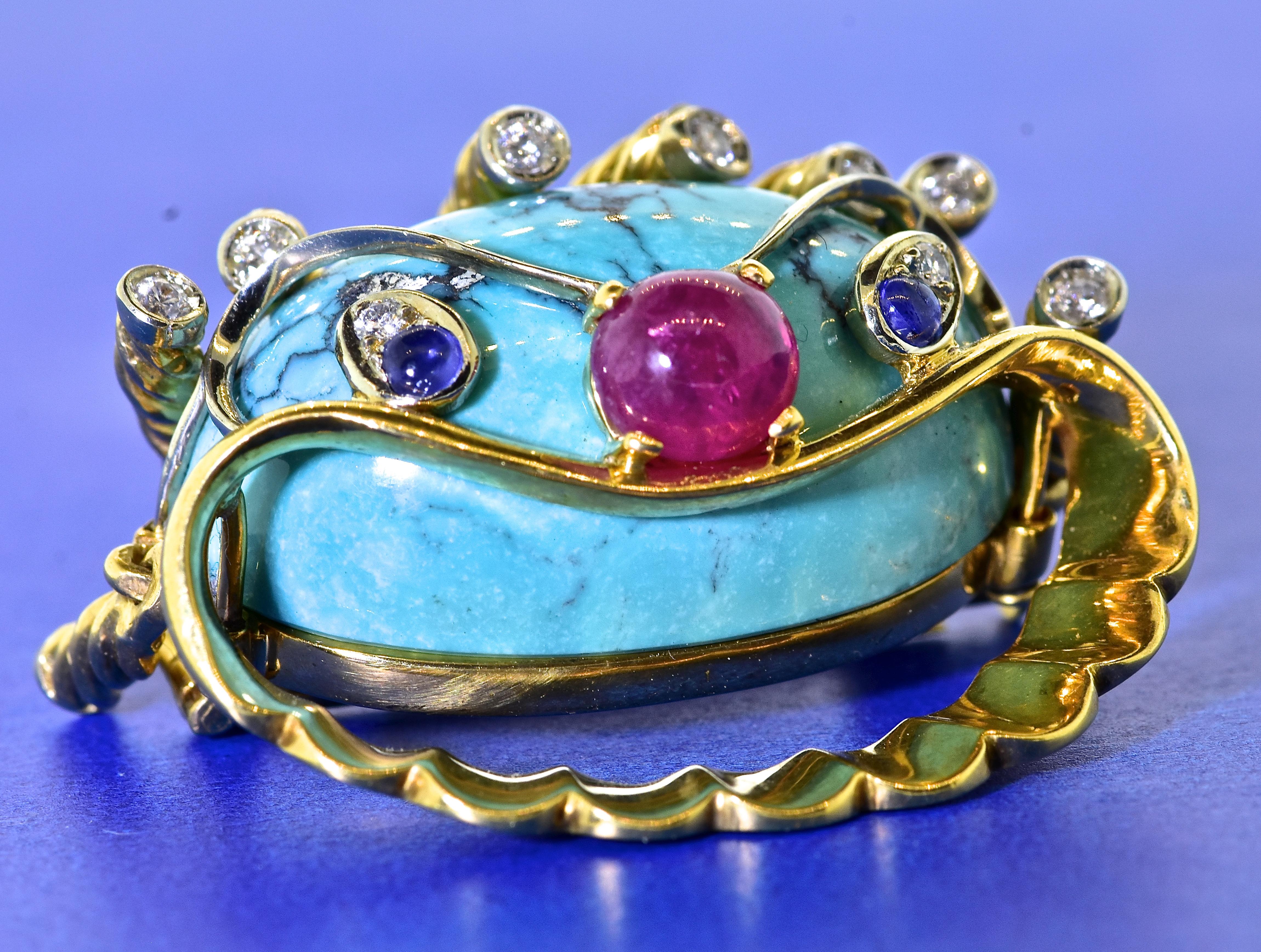 Retro Turquoise, Ruby, Sapphire and Diamond 18 Karat Clam motif Brooch, circa 1960