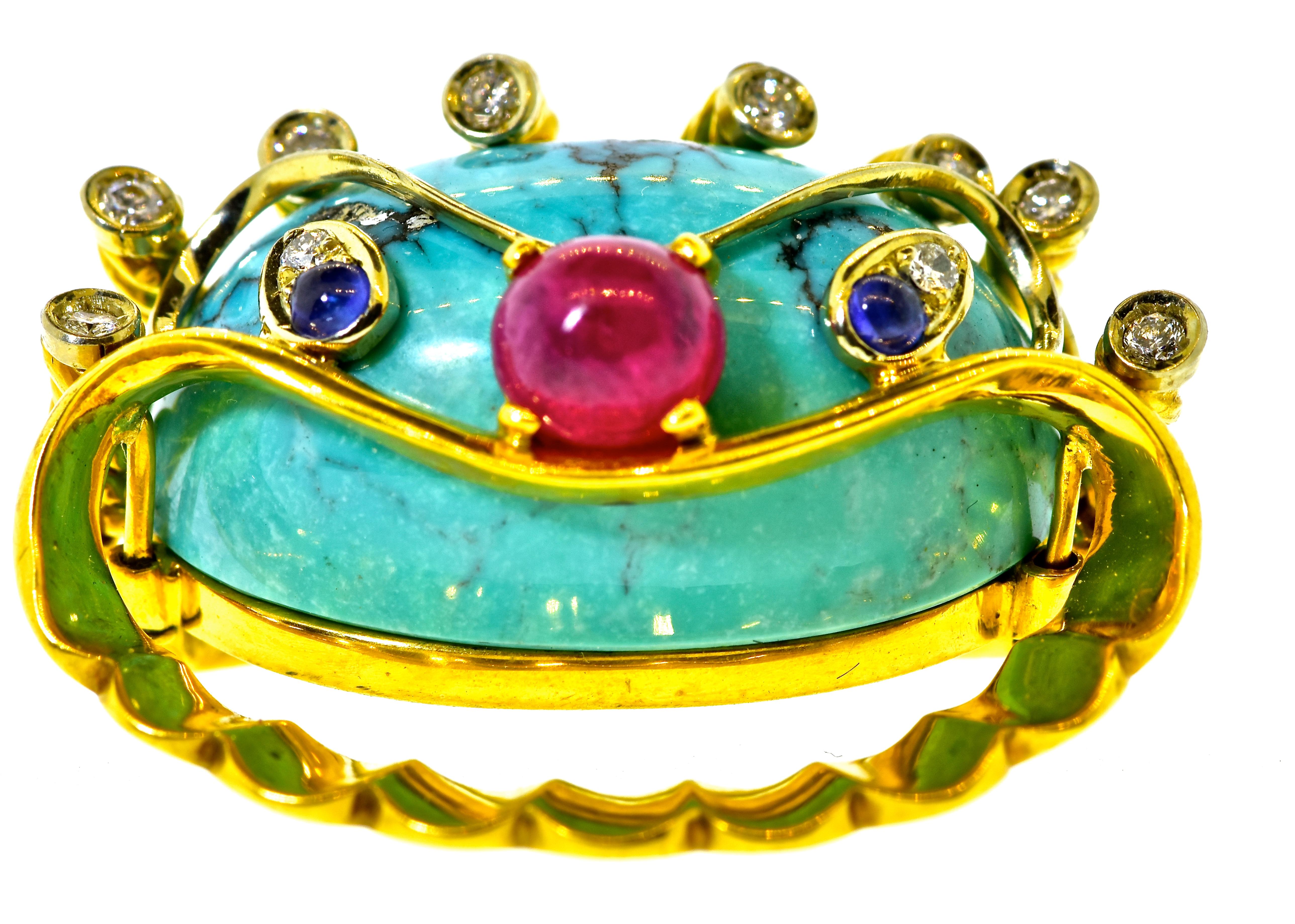 Cabochon Turquoise, Ruby, Sapphire and Diamond 18 Karat Clam motif Brooch, circa 1960