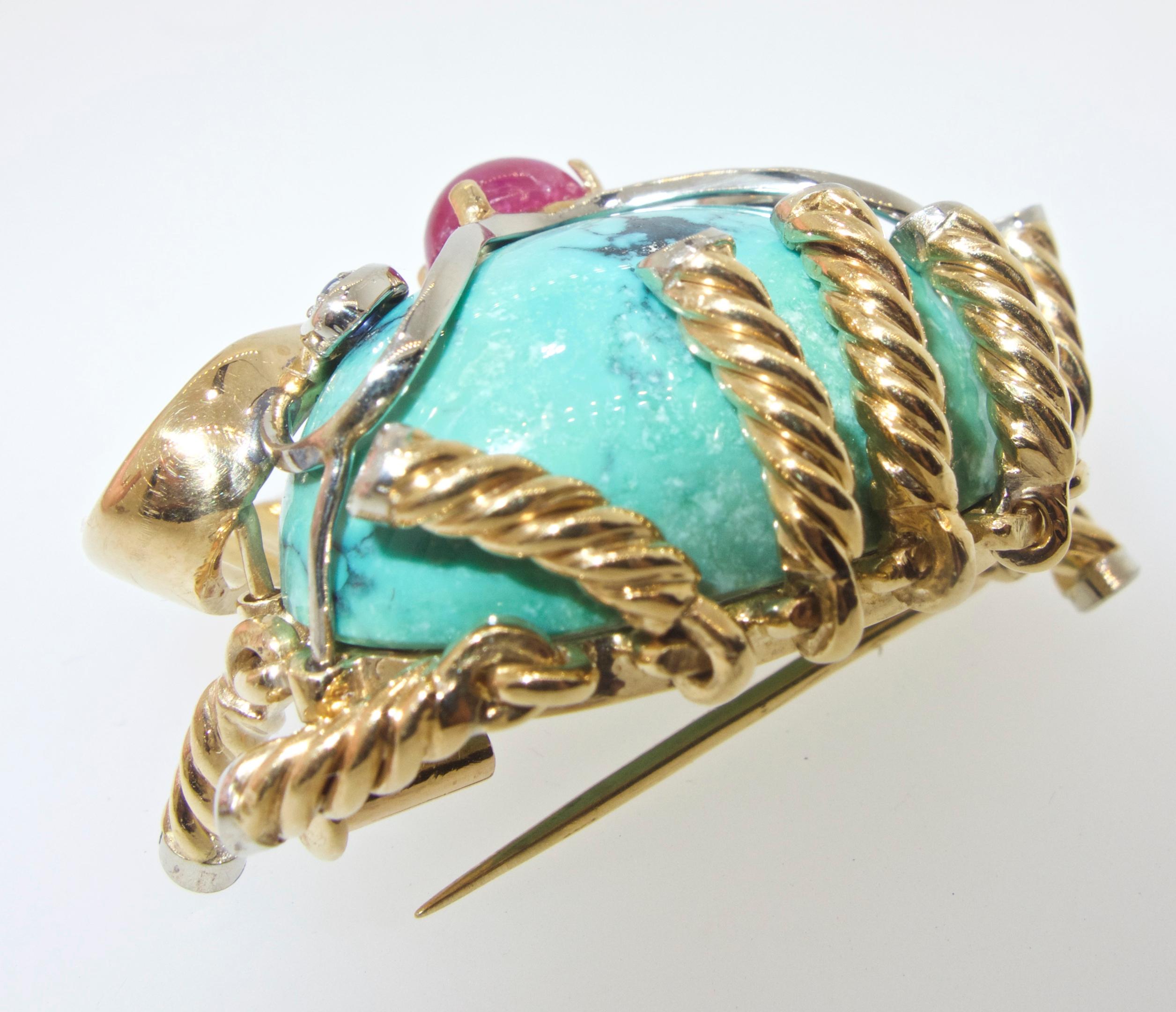 Turquoise, Ruby, Sapphire and Diamond 18 Karat Clam motif Brooch, circa 1960 2