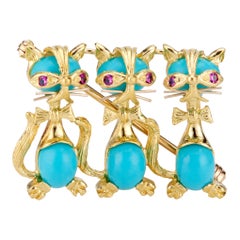 Turquoise Ruby Yellow Gold Mid-Century Three Cat Brooch