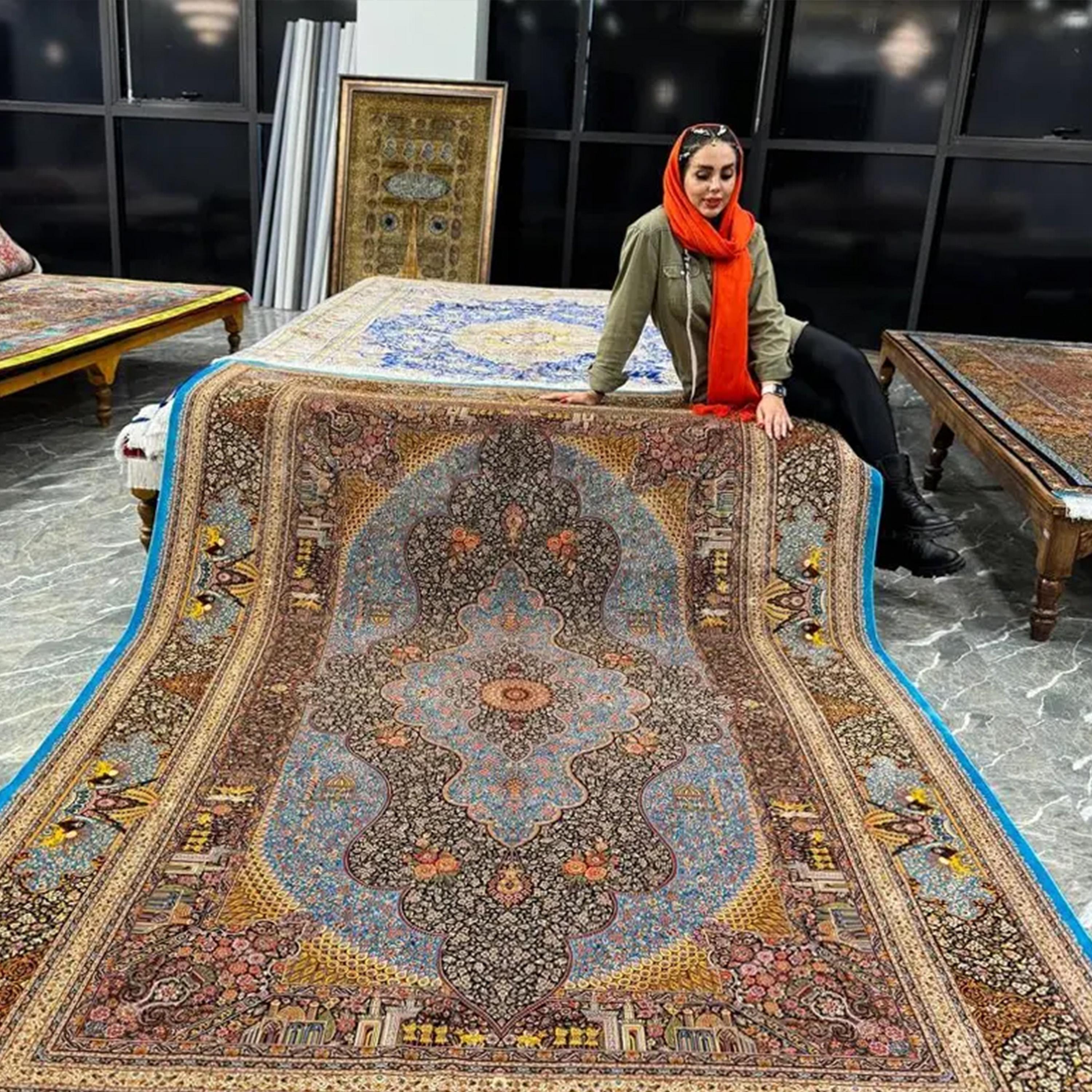 Tappeto turchese in stile safavide persiano in pura seta, artigianato iraniano, 0044 in vendita 3