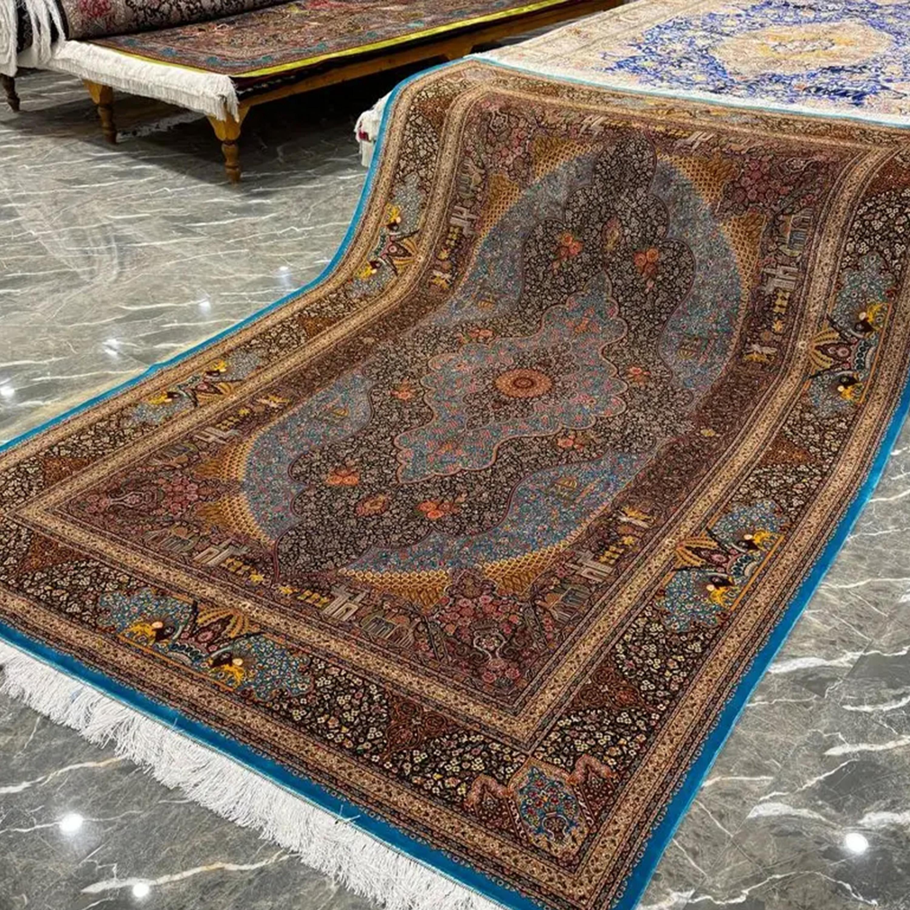 Annodato a mano Tappeto turchese in stile safavide persiano in pura seta, artigianato iraniano, 0044 in vendita