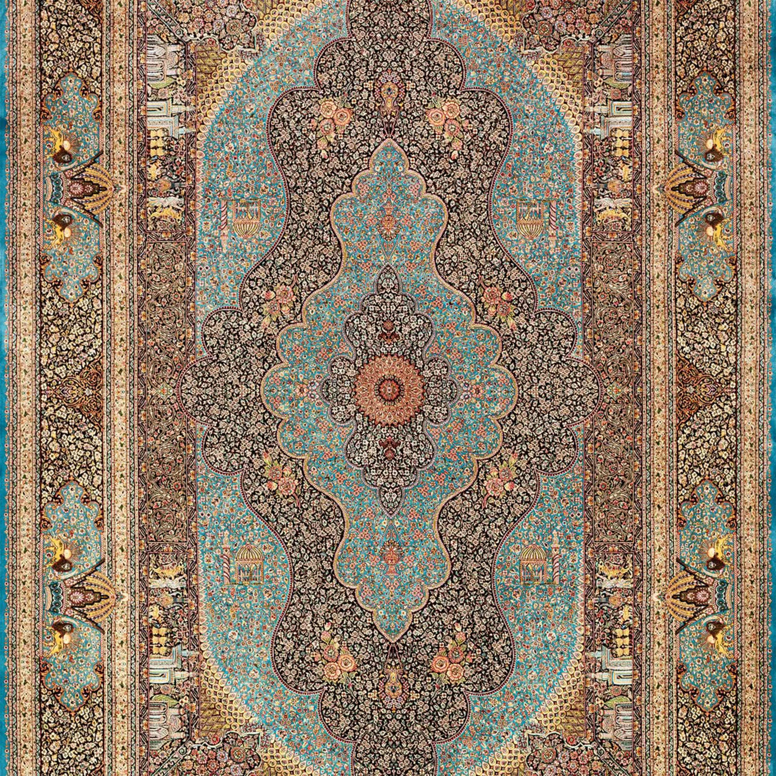 Tappeto turchese in stile safavide persiano in pura seta, artigianato iraniano, 0044 In condizioni Nuovo in vendita a Pudsey, GB