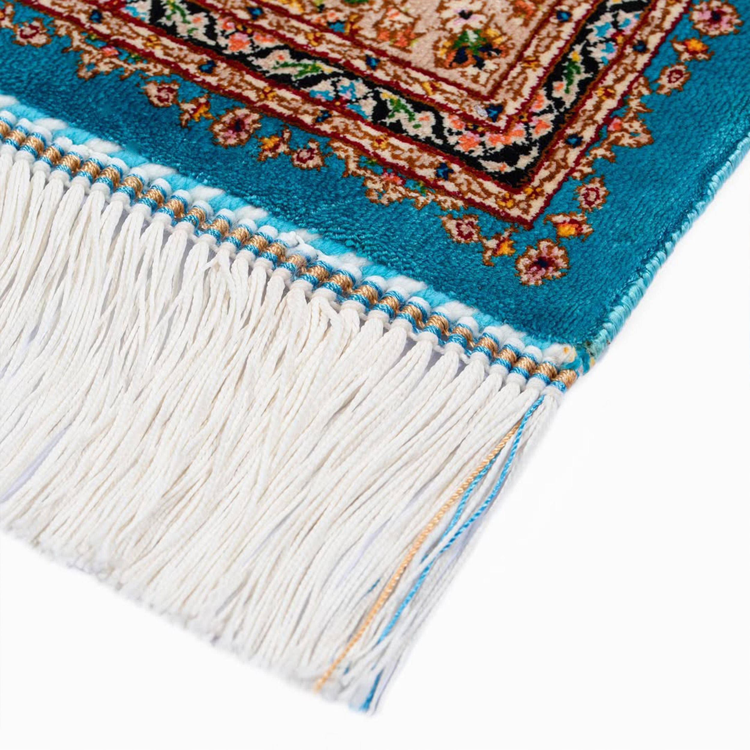 Seta Tappeto turchese in stile safavide persiano in pura seta, artigianato iraniano, 0044 in vendita