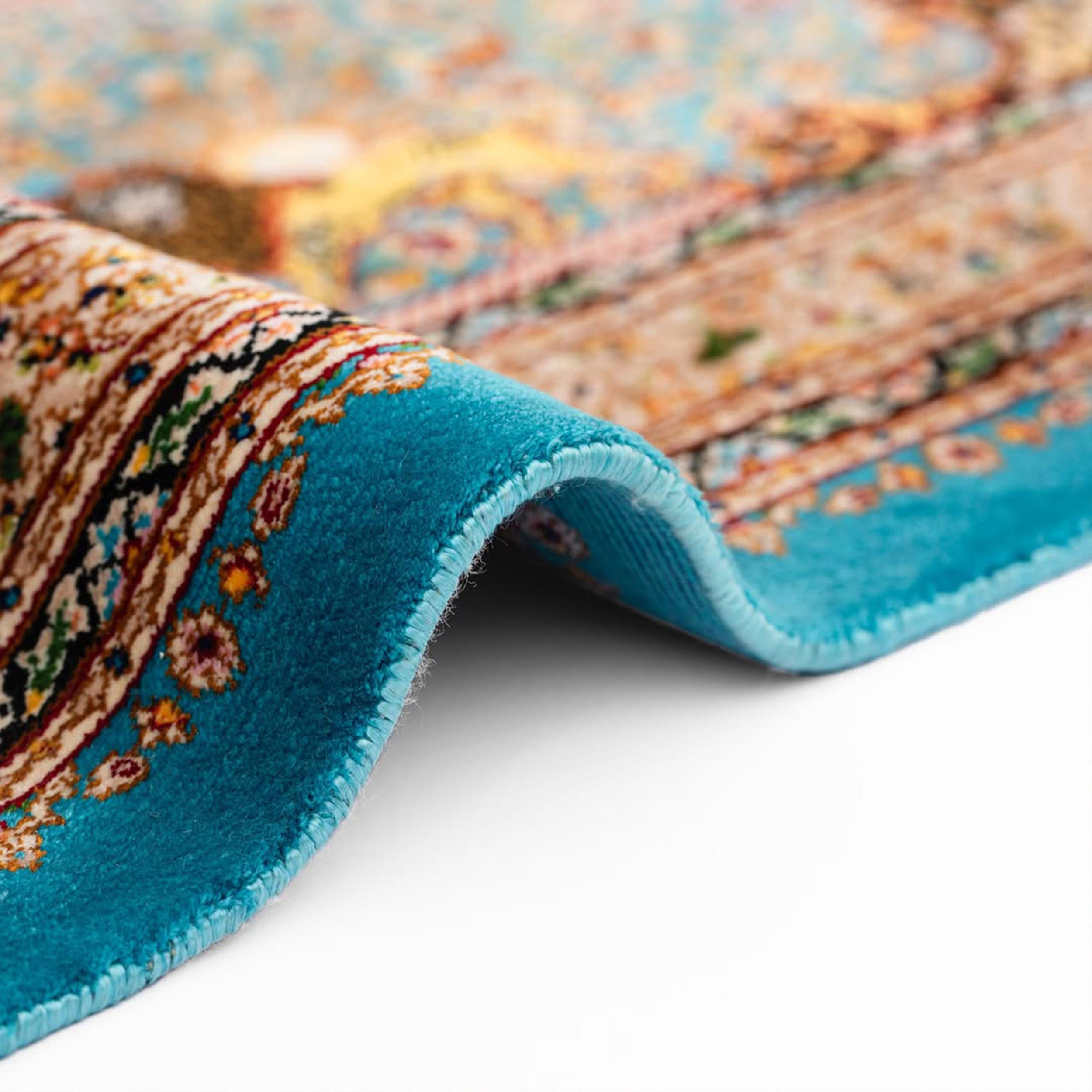 Tappeto turchese in stile safavide persiano in pura seta, artigianato iraniano, 0044 in vendita 1