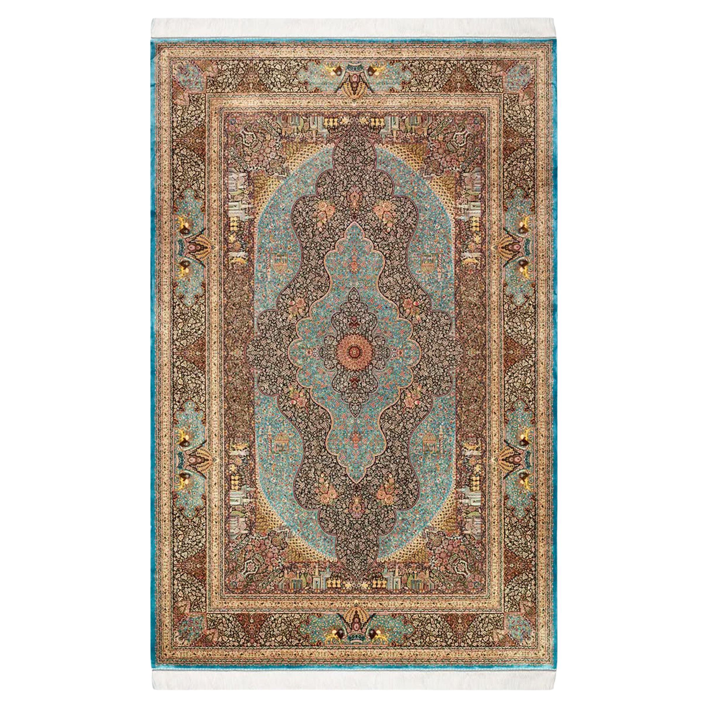 Tappeto turchese in stile safavide persiano in pura seta, artigianato iraniano, 0044 in vendita
