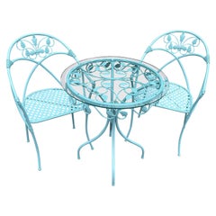 Vintage Turquoise Salterini Painted Iron Bistro Table and Chairs, Mid-Century Modern