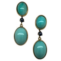 Turquoise Sapphire 14 Karat Yellow Gold Drop Dangle Retro Earrings