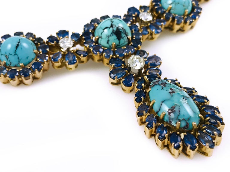 Turquoise, Sapphire, Diamond Necklace For Sale at 1stdibs