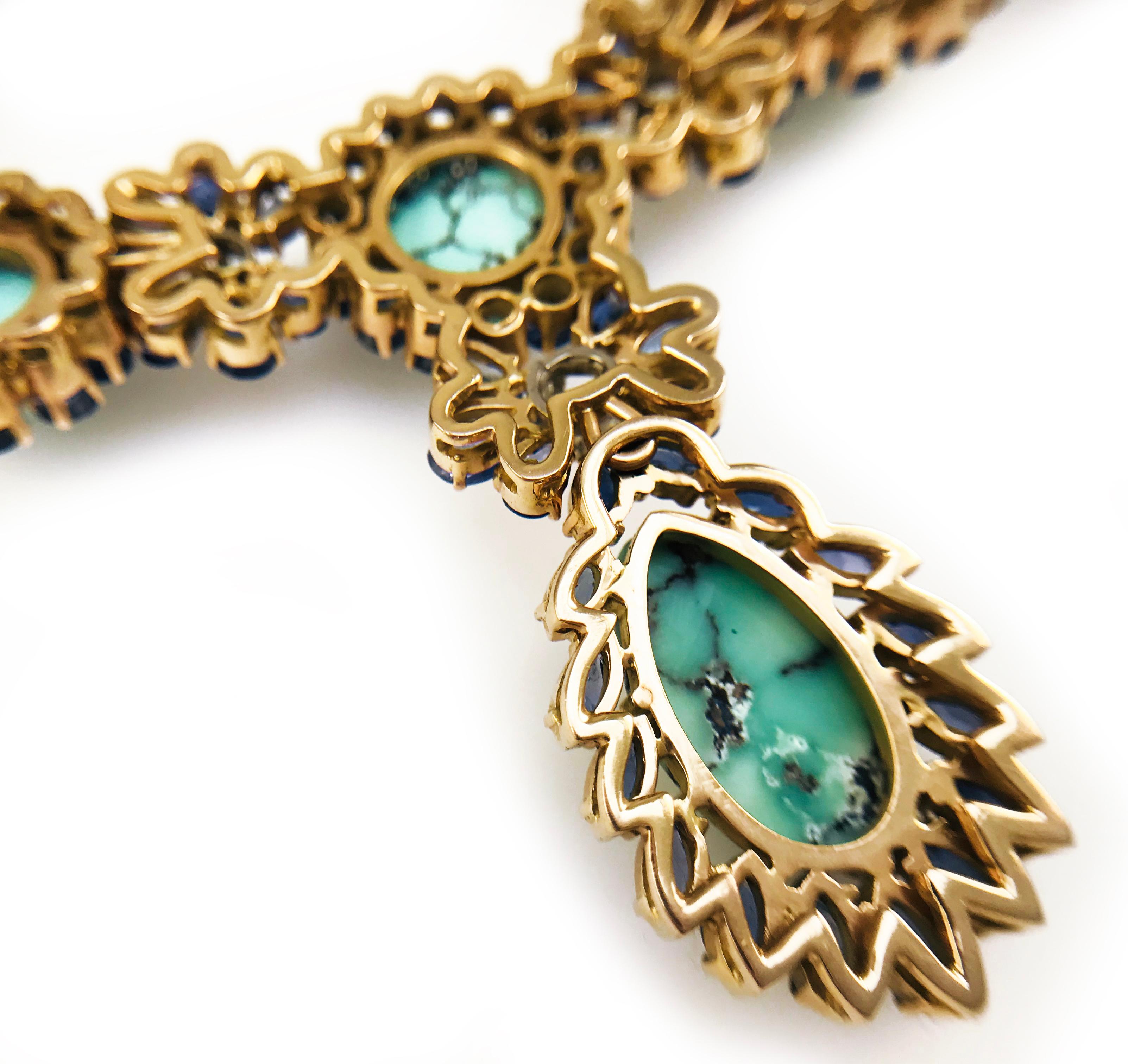 18 Karat Turquoise Blue Sapphire Diamond Necklace Art Decó en venta