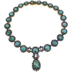 Collier de turquoise, saphir bleu et diamants 18 carats