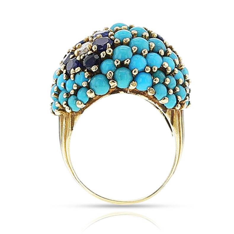 Türkis, Saphir und Diamant-Bomber-Ring, 18k (Rundschliff) im Angebot