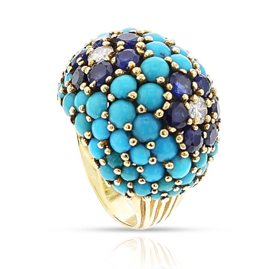 Türkis, Saphir und Diamant-Bomber-Ring, 18k im Zustand „Hervorragend“ im Angebot in New York, NY