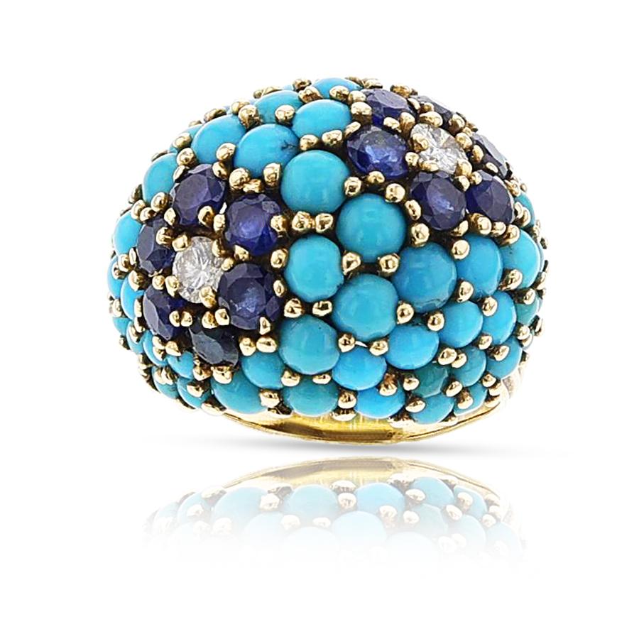 Türkis, Saphir und Diamant-Bomber-Ring, 18k im Angebot 1