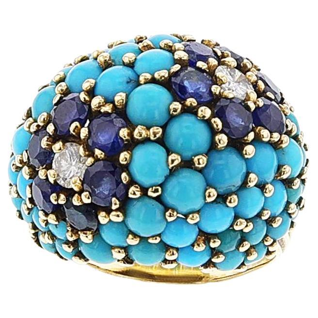 Turquoise, Sapphire and Diamond Bombe Ring, 18k