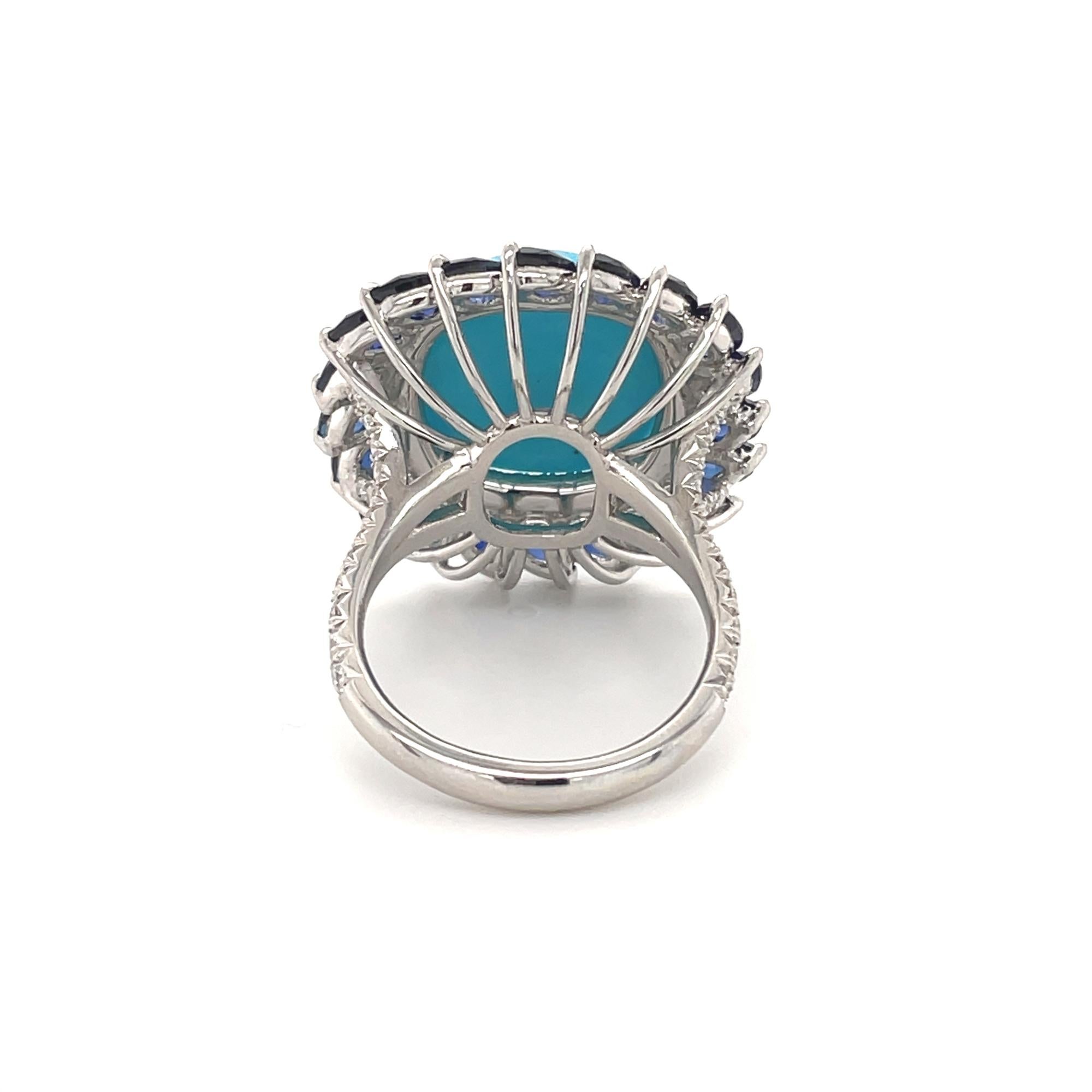 Modern Turquoise Sapphire and Diamond Halo Cocktail Ring Platinum 11.60cttw For Sale