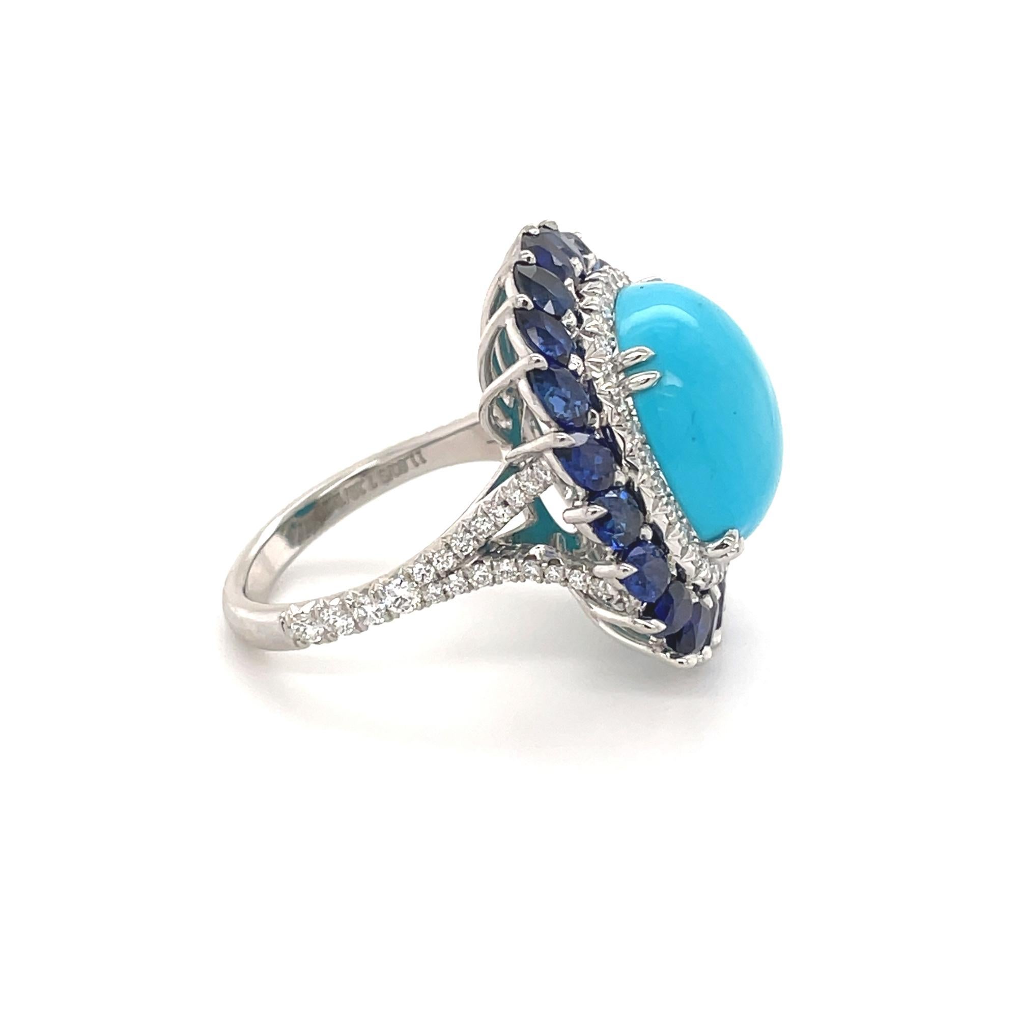 Cabochon Turquoise Sapphire and Diamond Halo Cocktail Ring Platinum 11.60cttw For Sale