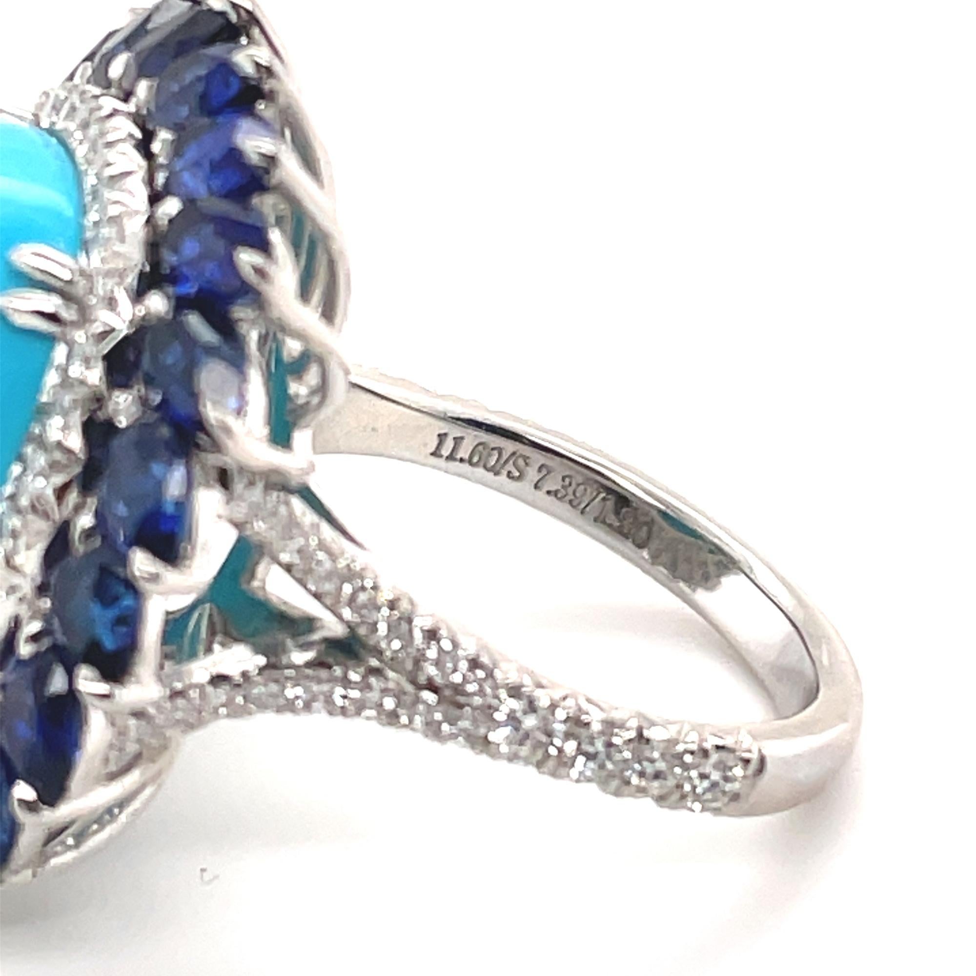 Turquoise Sapphire and Diamond Halo Cocktail Ring Platinum 11.60cttw In New Condition For Sale In New York, NY