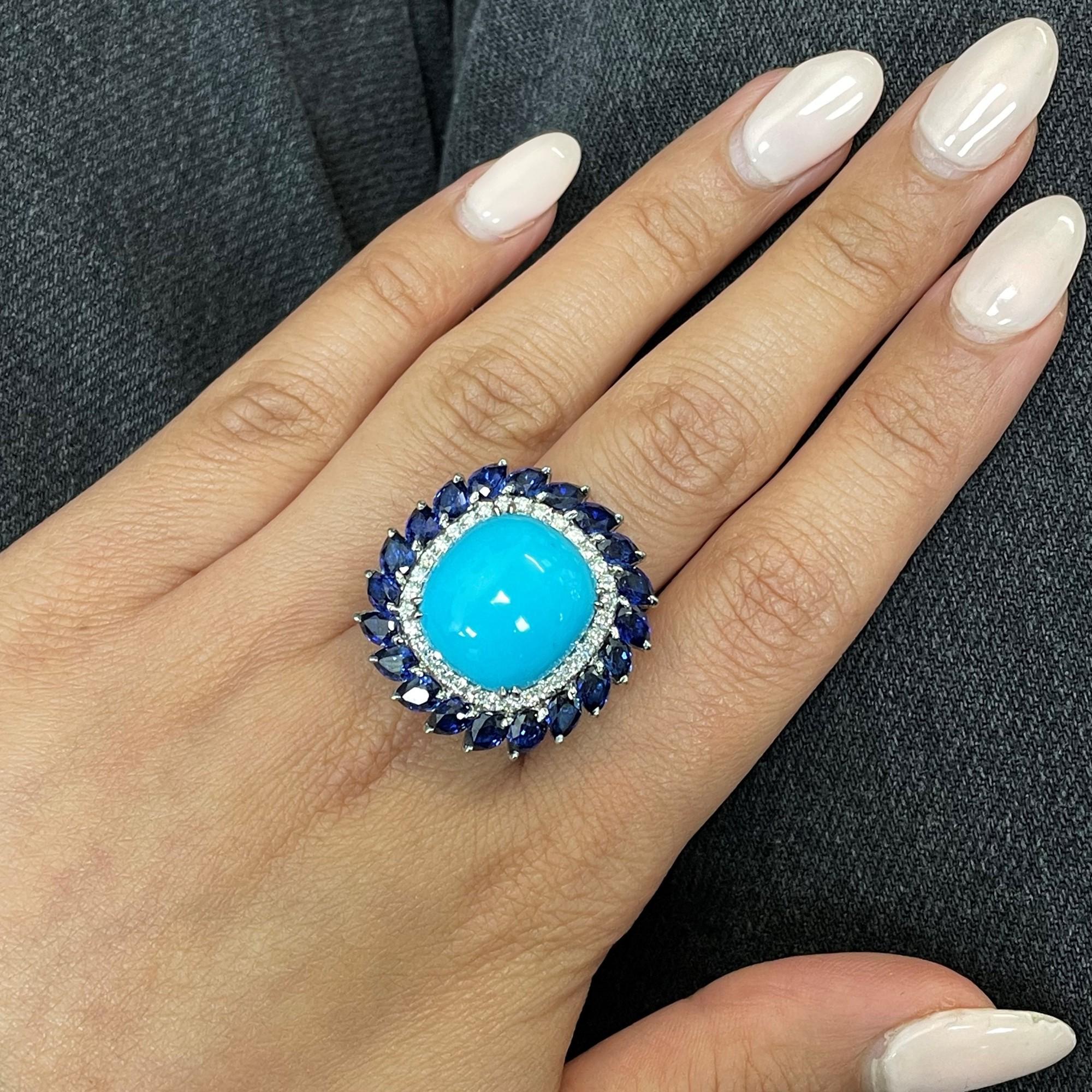 Women's Turquoise Sapphire and Diamond Halo Cocktail Ring Platinum 11.60cttw For Sale