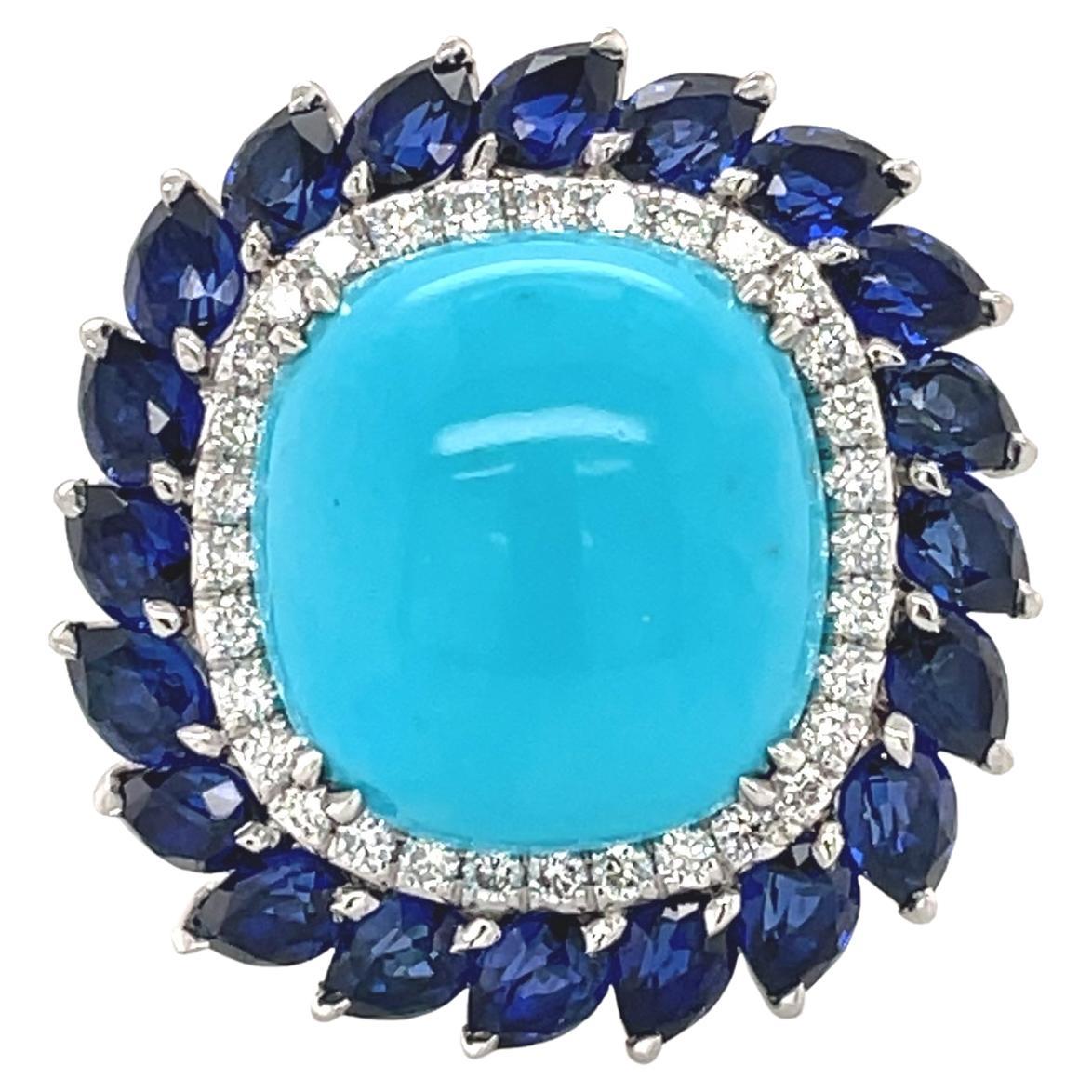 Turquoise Sapphire and Diamond Halo Cocktail Ring Platinum 11.60cttw For Sale