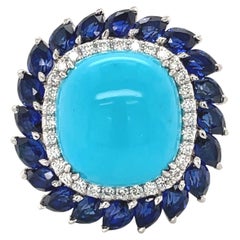 Turquoise Sapphire and Diamond Halo Cocktail Ring Platinum 11.60cttw