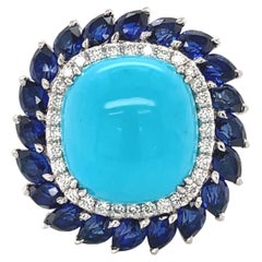 Bague cocktail en platine avec turquoise, saphir et halo de diamants 11,60 carats