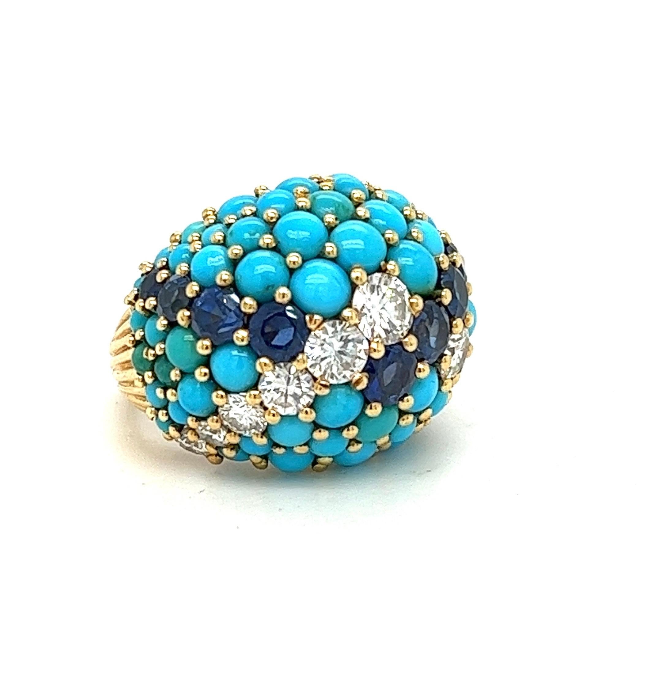 Contemporary Turquoise, Sapphire and Diamond Ring, France , Circa 1970 For Sale