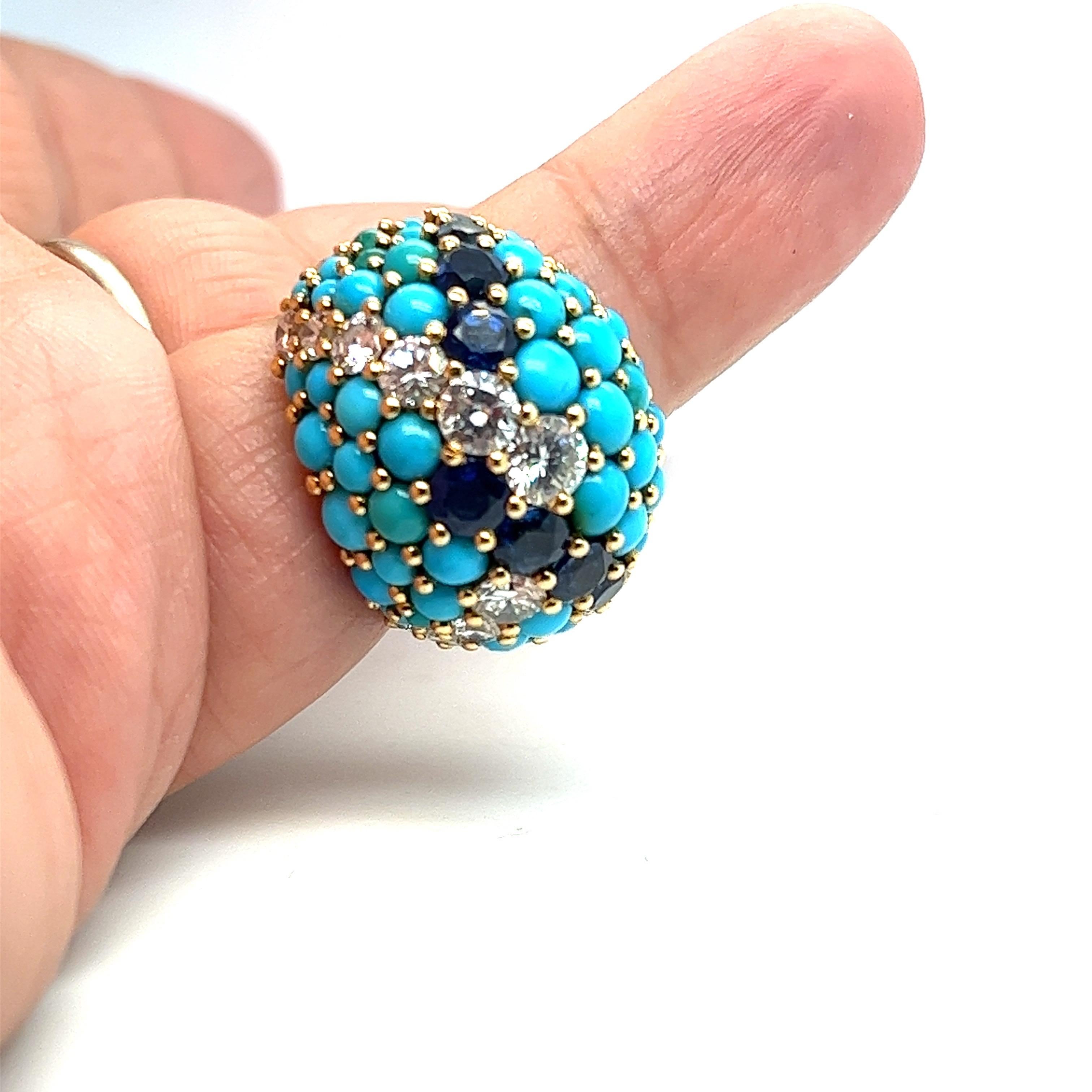 French Cut Turquoise, Sapphire and Diamond Ring, France , Circa 1970 For Sale