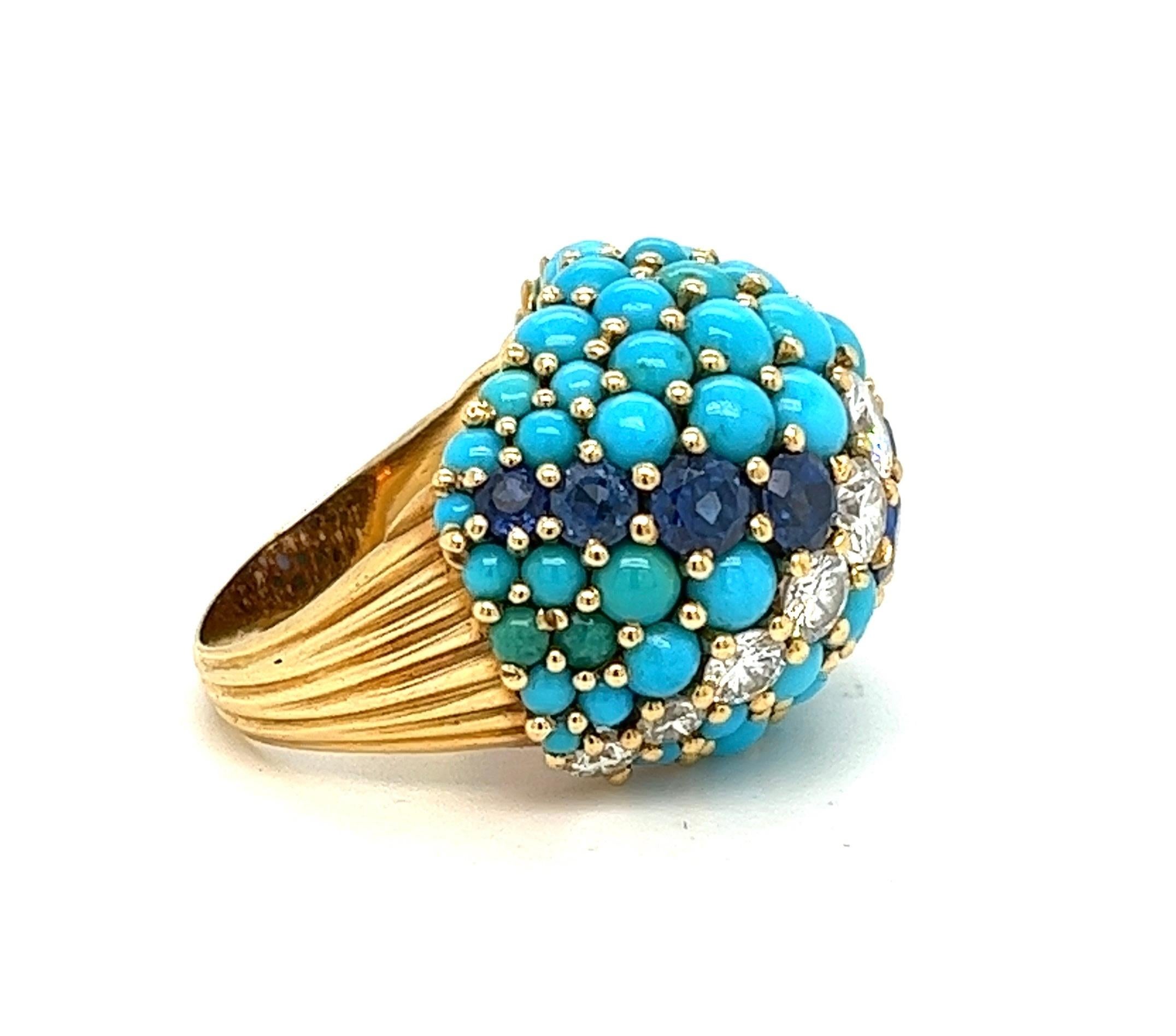 Turquoise, Sapphire and Diamond Ring, France , Circa 1970 In Good Condition For Sale In Miami, FL