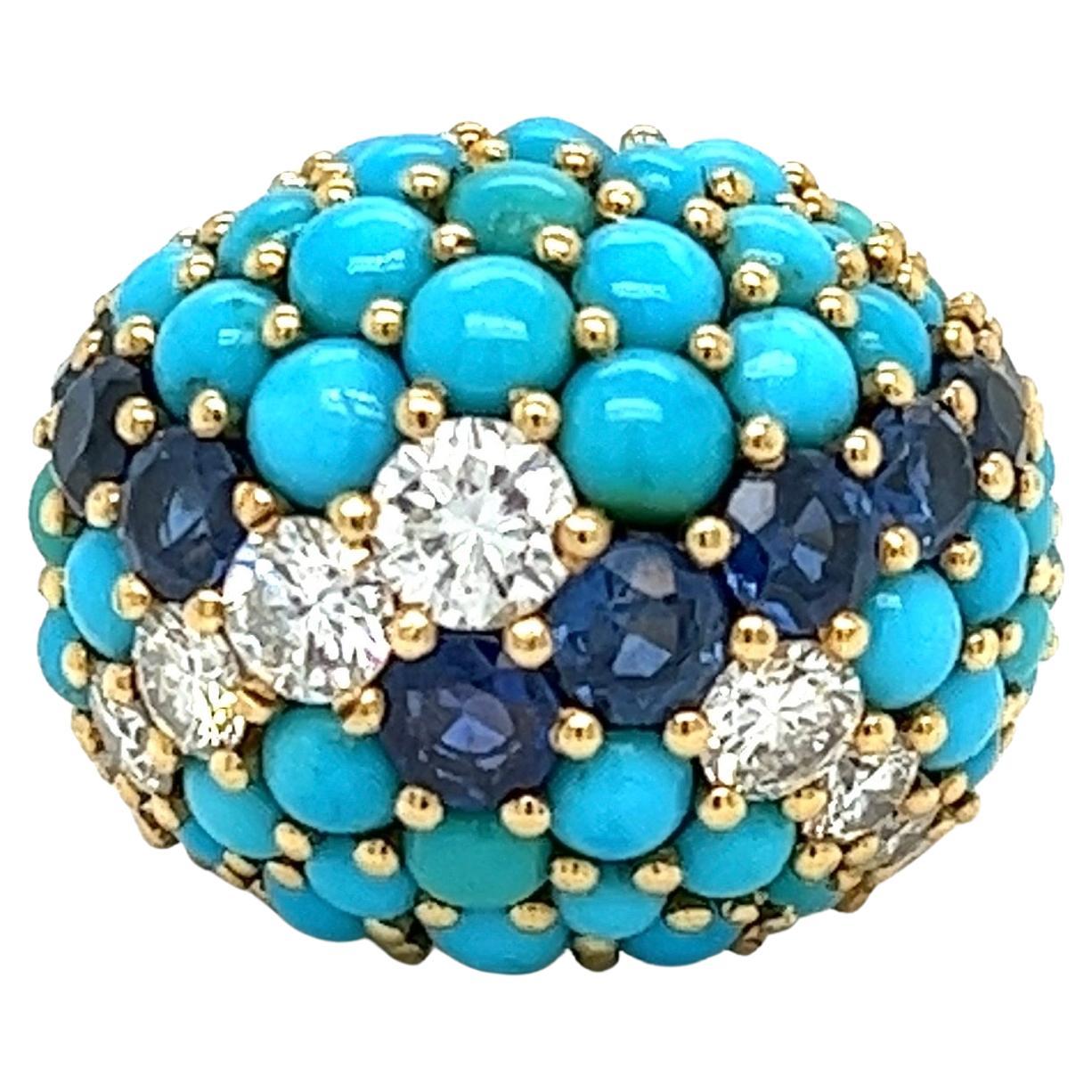 Turquoise, Sapphire and Diamond Ring, France , Circa 1970 For Sale