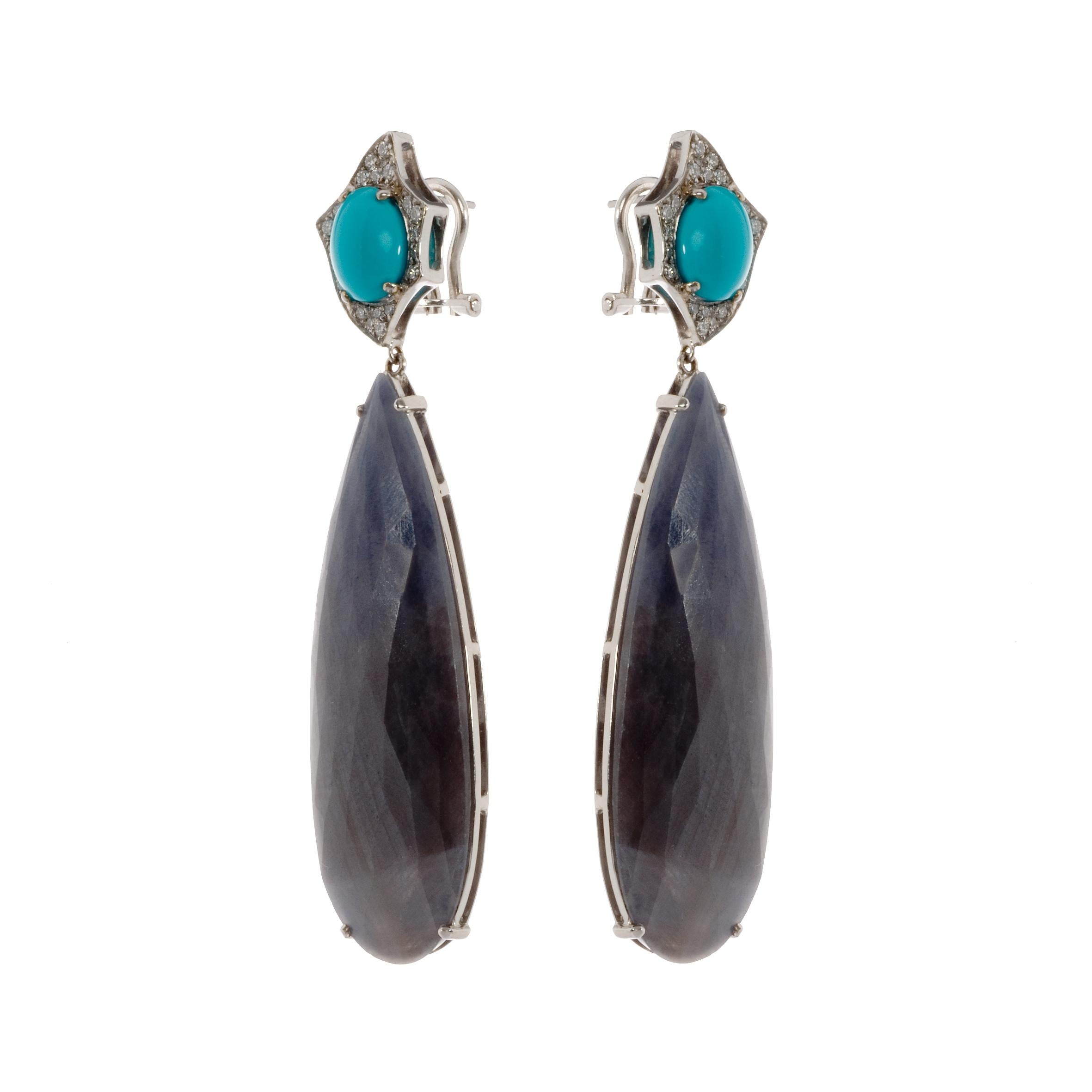 Turquoise, Sapphire and White Diamond Pendent Cocktail Earrings In New Condition In London, GB