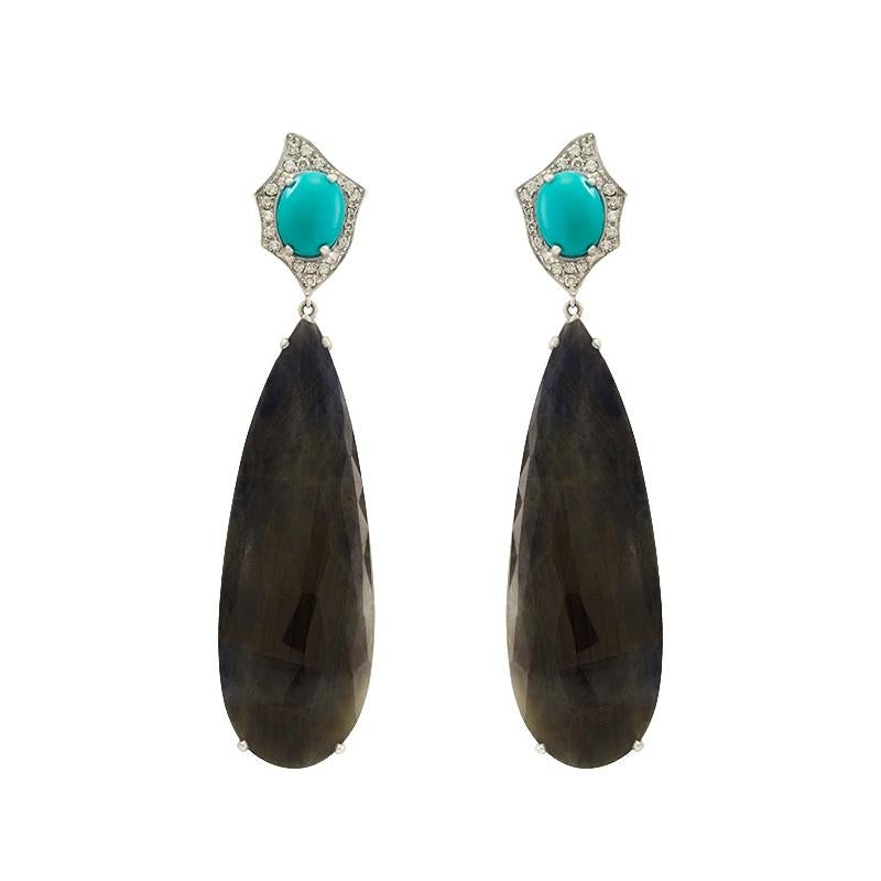 Turquoise, Sapphire and White Diamond Pendent Cocktail Earrings