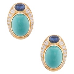 Retro Turquoise Sapphire Diamond Cocktail Earrings 