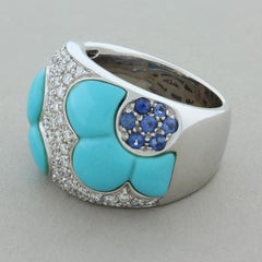 Turquoise Sapphire Diamond Gold Flower Band Ring