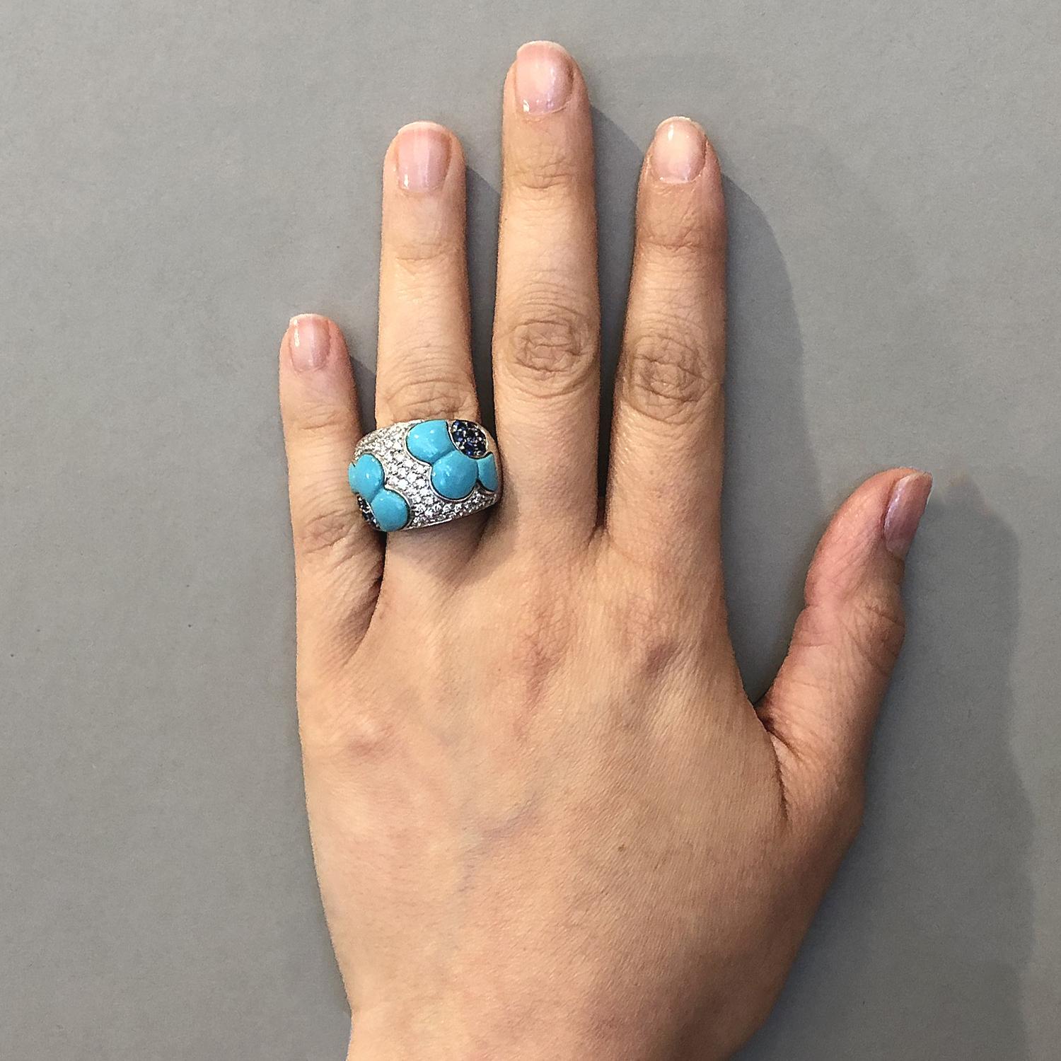 Turquoise Sapphire Diamond Gold Flower Band Ring In New Condition For Sale In Beverly Hills, CA