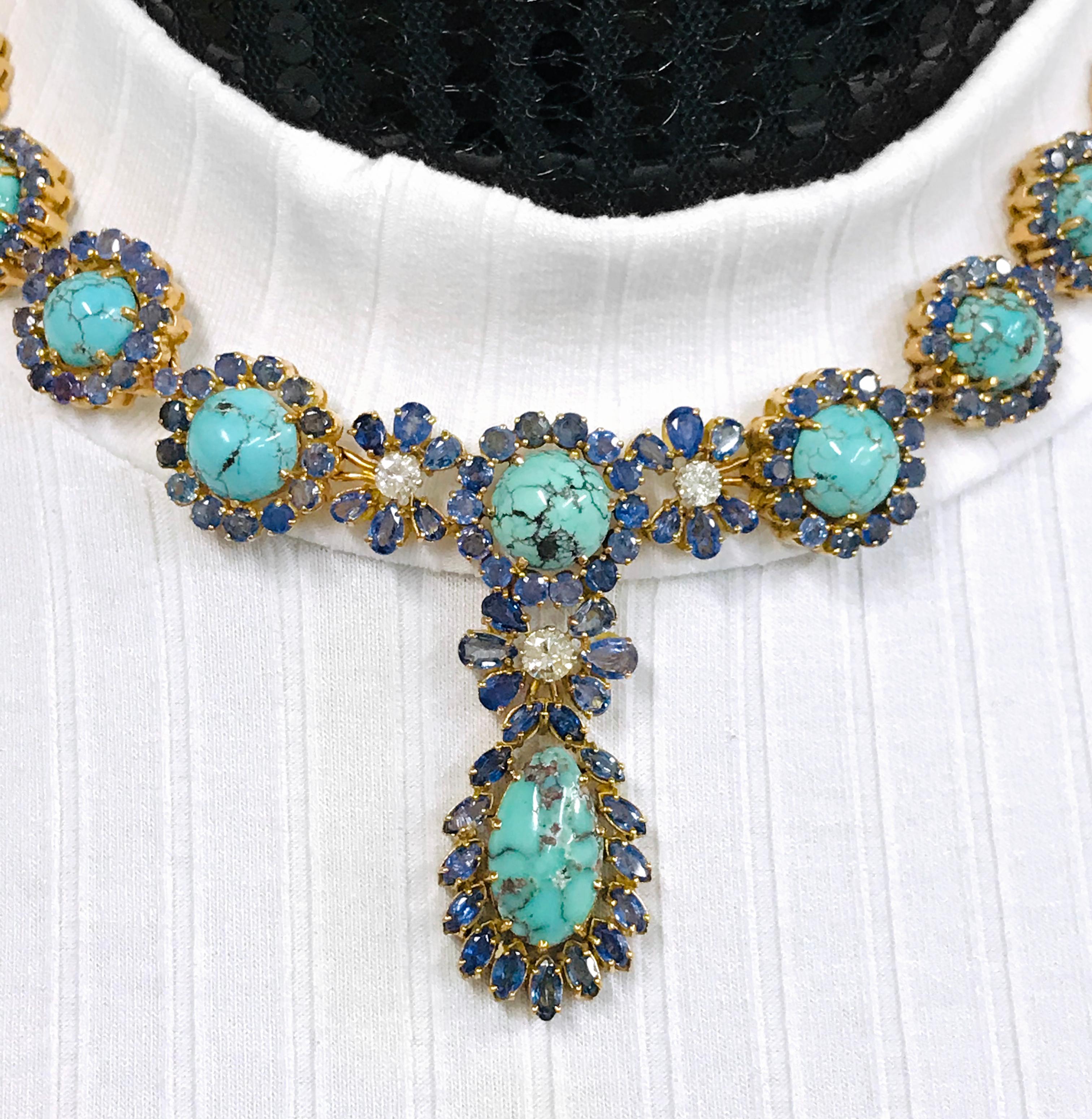 Art Deco 18 Karat Turquoise Blue Sapphire Diamond Necklace