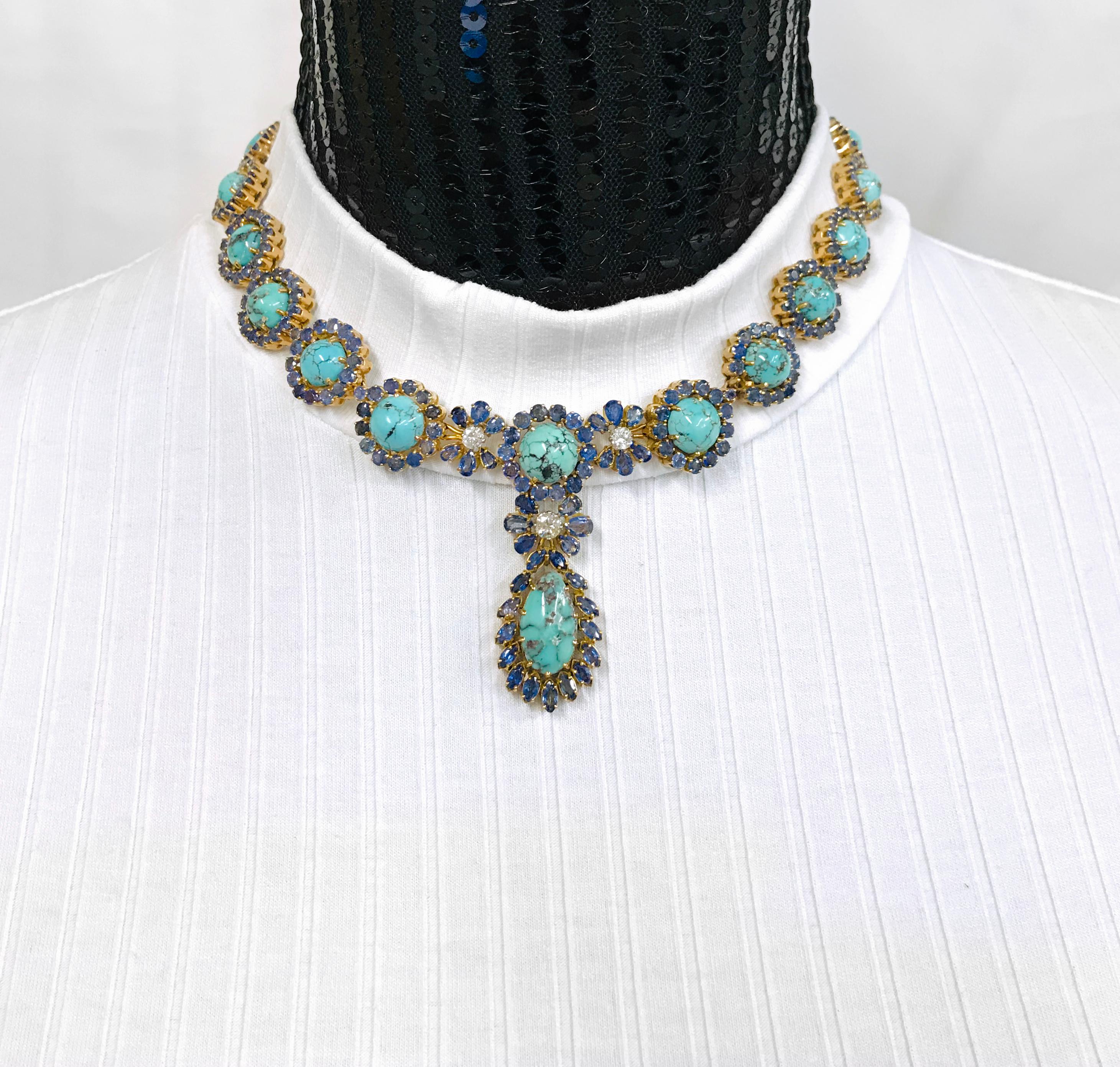 Round Cut 18 Karat Turquoise Blue Sapphire Diamond Necklace