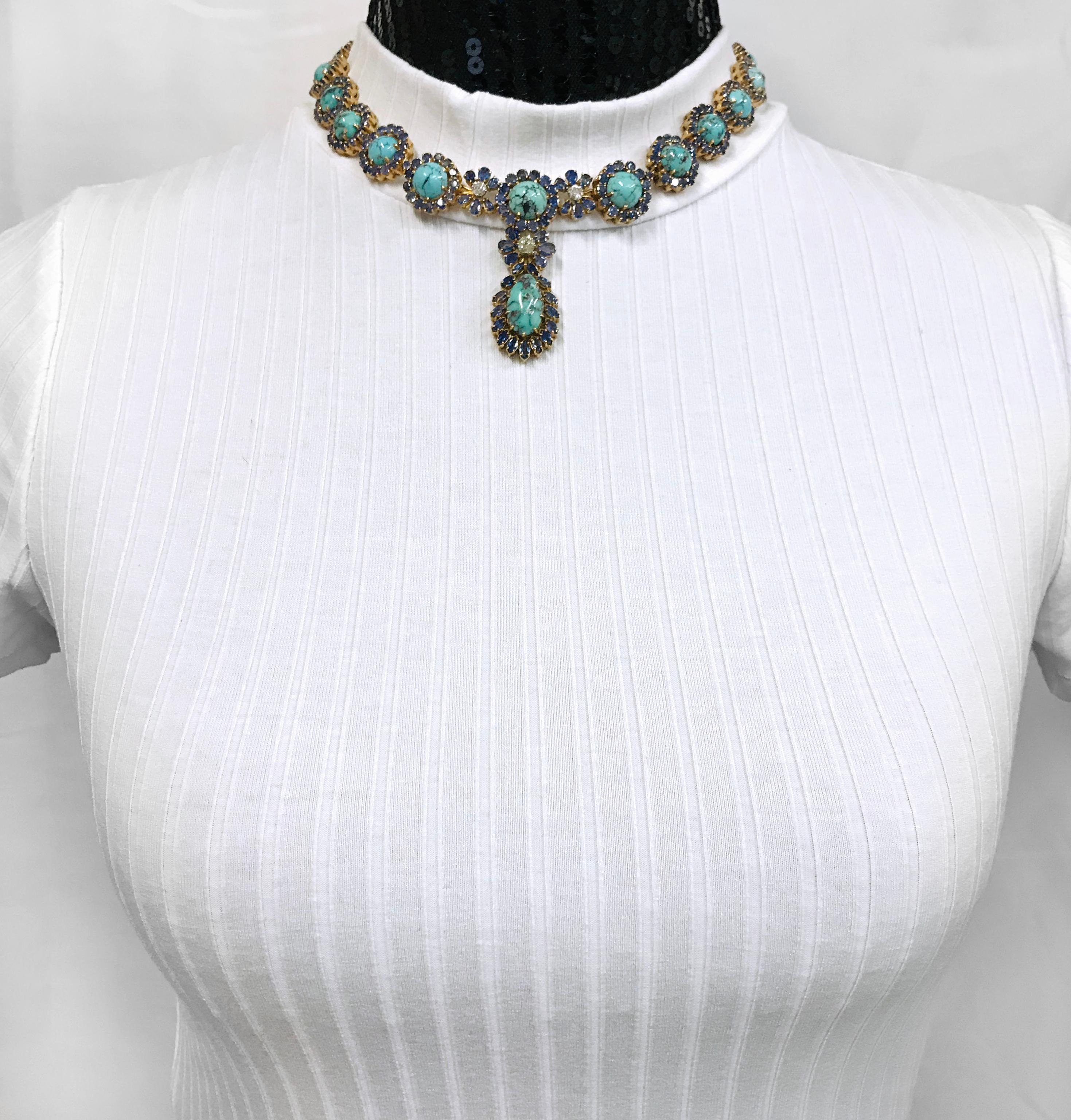 18 Karat Turquoise Blue Sapphire Diamond Necklace In Excellent Condition In Palm Desert, CA