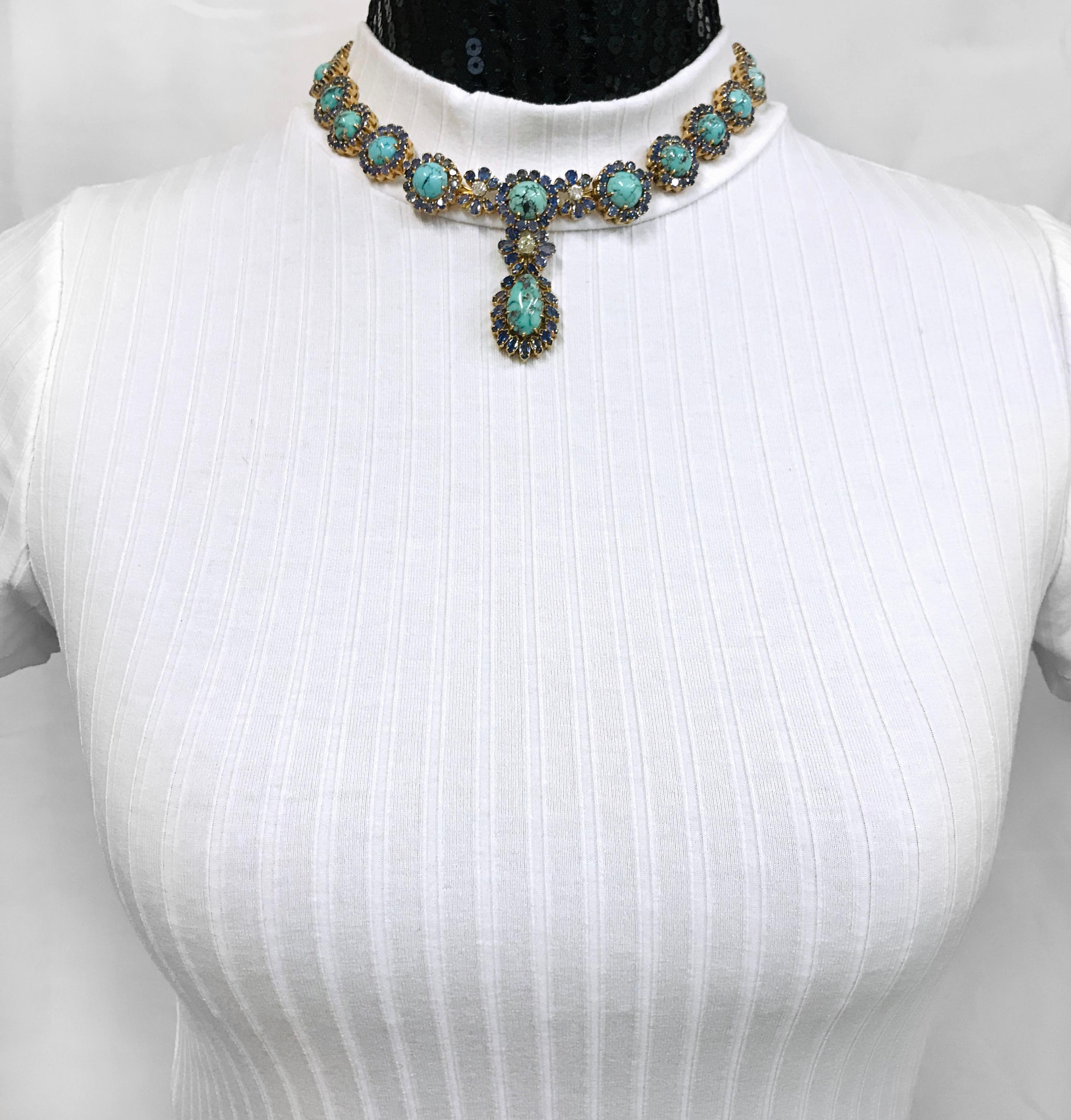 Femenino o masculino 18 Karat Turquoise Blue Sapphire Diamond Necklace en venta