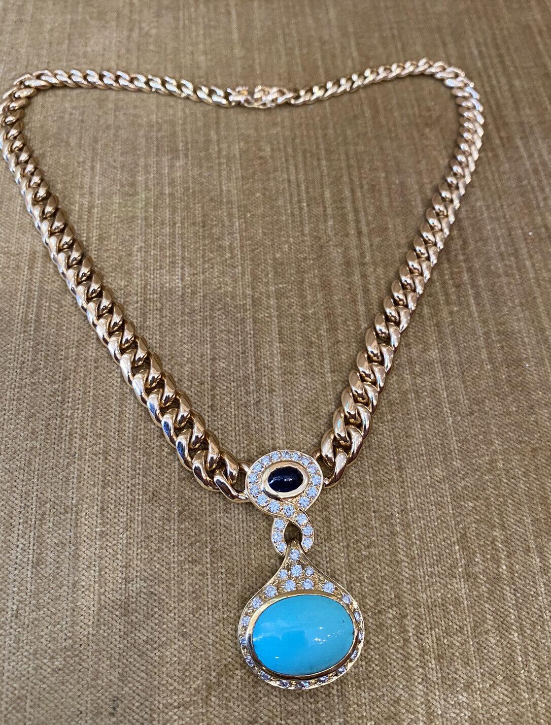 Oval Cut Turquoise, Sapphire & Diamond Necklace Link Chain in 18k Yellow Gold For Sale