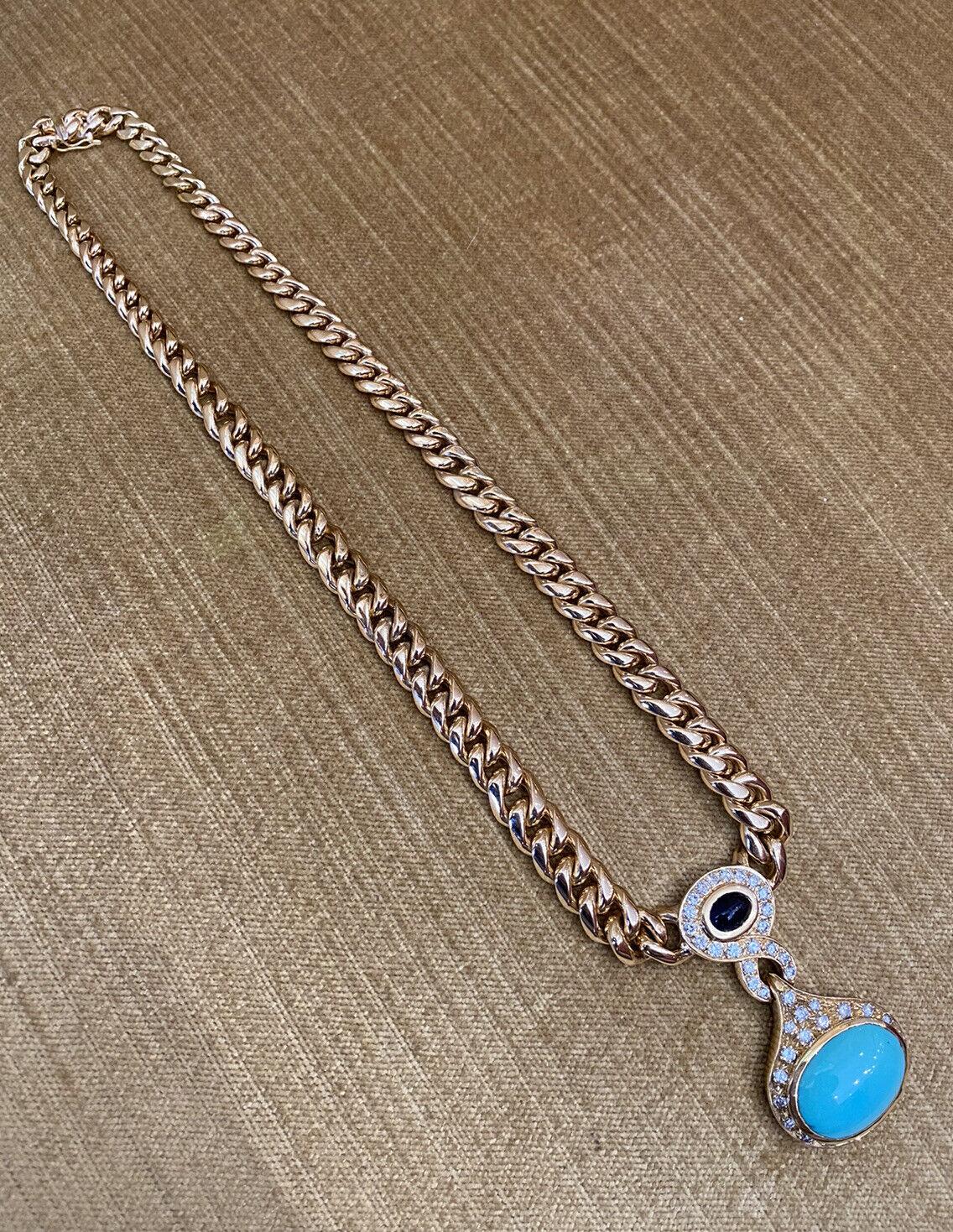 Turquoise, Sapphire & Diamond Necklace Link Chain in 18k Yellow Gold In Excellent Condition For Sale In La Jolla, CA