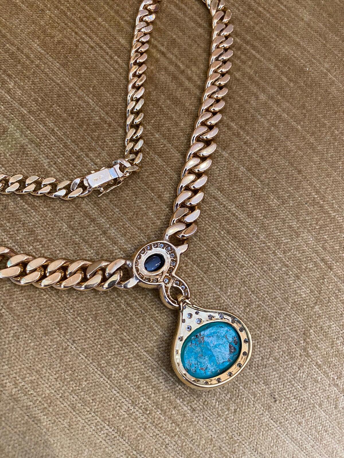 Women's Turquoise, Sapphire & Diamond Necklace Link Chain in 18k Yellow Gold For Sale