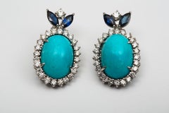 Turquoise, Sapphire & Diamond Stud Earrings/14k/18k Gold