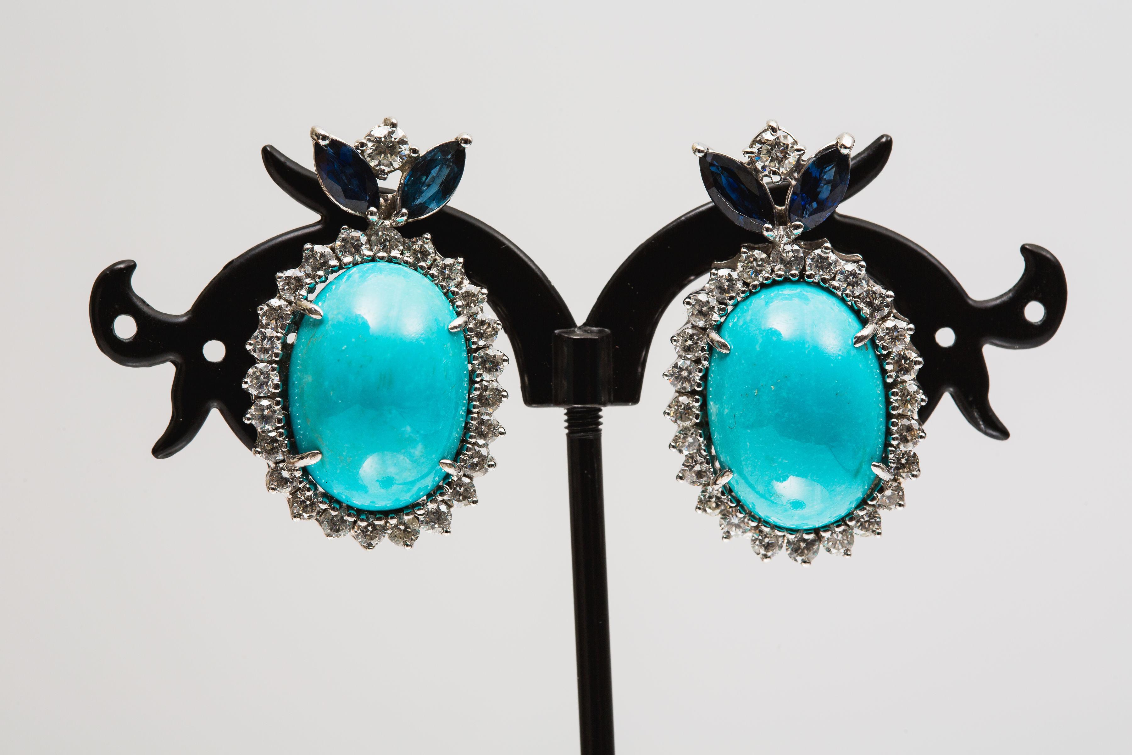 Taille brillant Boucles d'oreilles turquoise, saphir et diamant/14k/18k or en vente