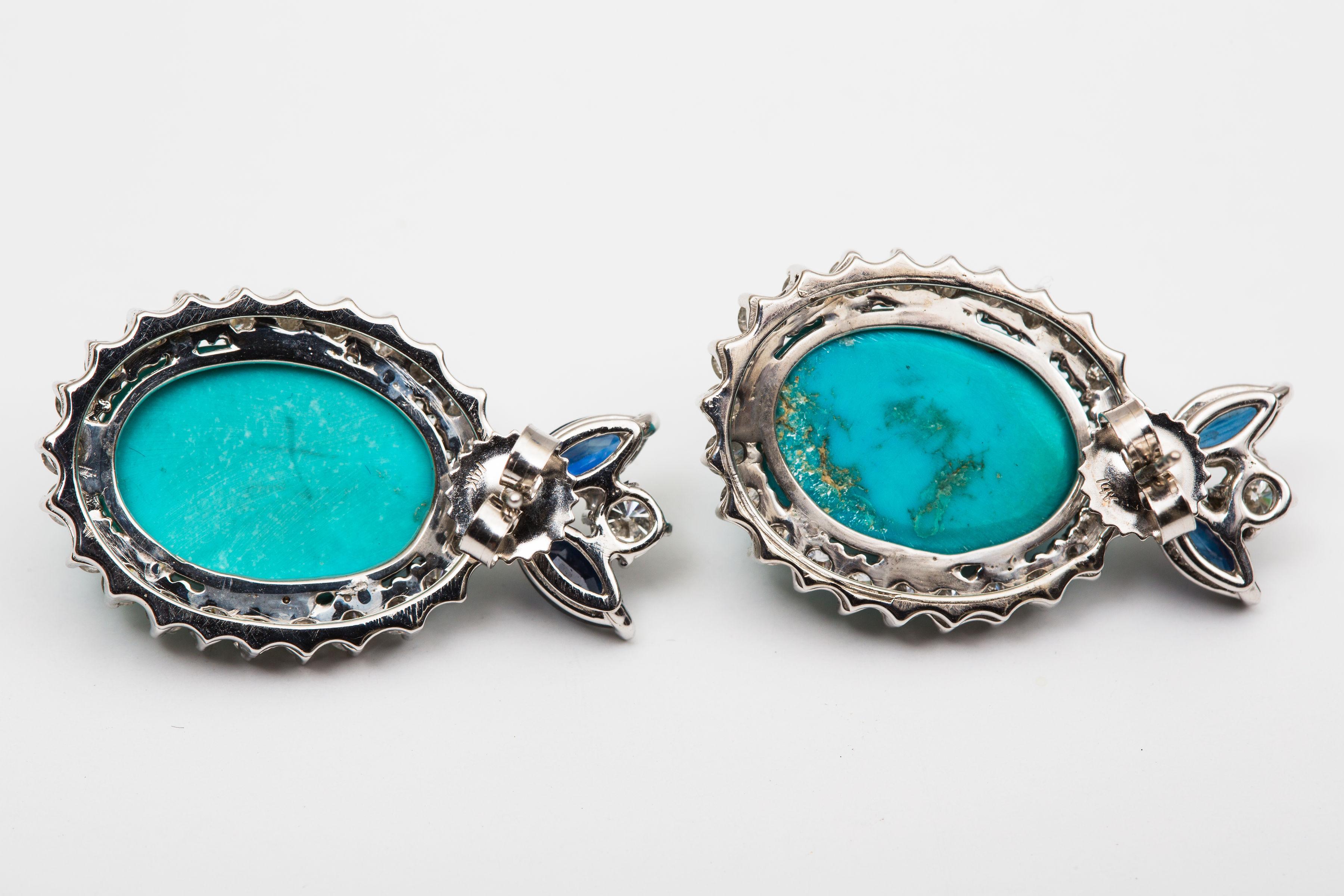 Boucles d'oreilles turquoise, saphir et diamant/14k/18k or Bon état - En vente à Bernardsville, NJ
