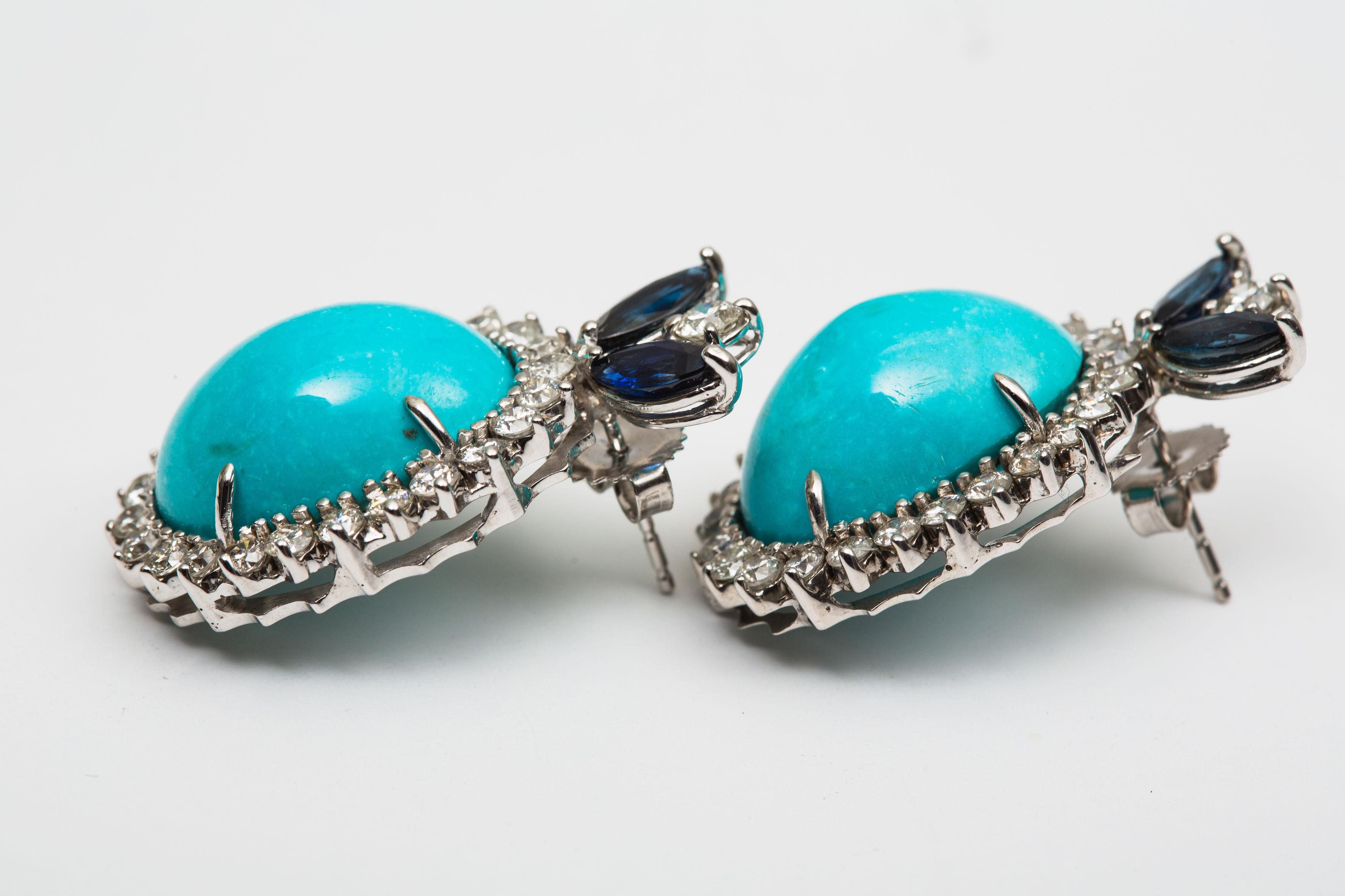 Boucles d'oreilles turquoise, saphir et diamant/14k/18k or Unisexe en vente