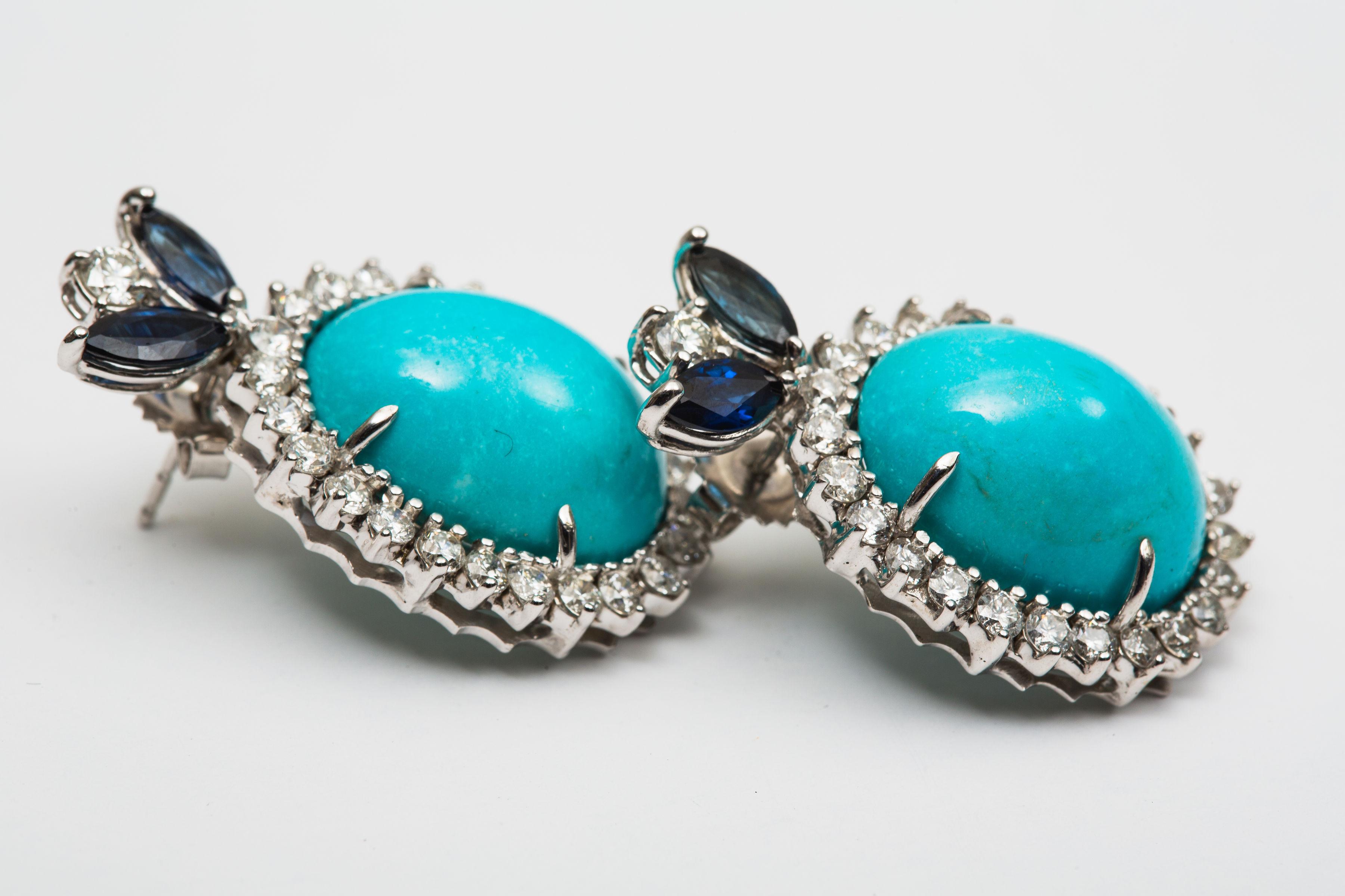 Boucles d'oreilles turquoise, saphir et diamant/14k/18k or en vente 1