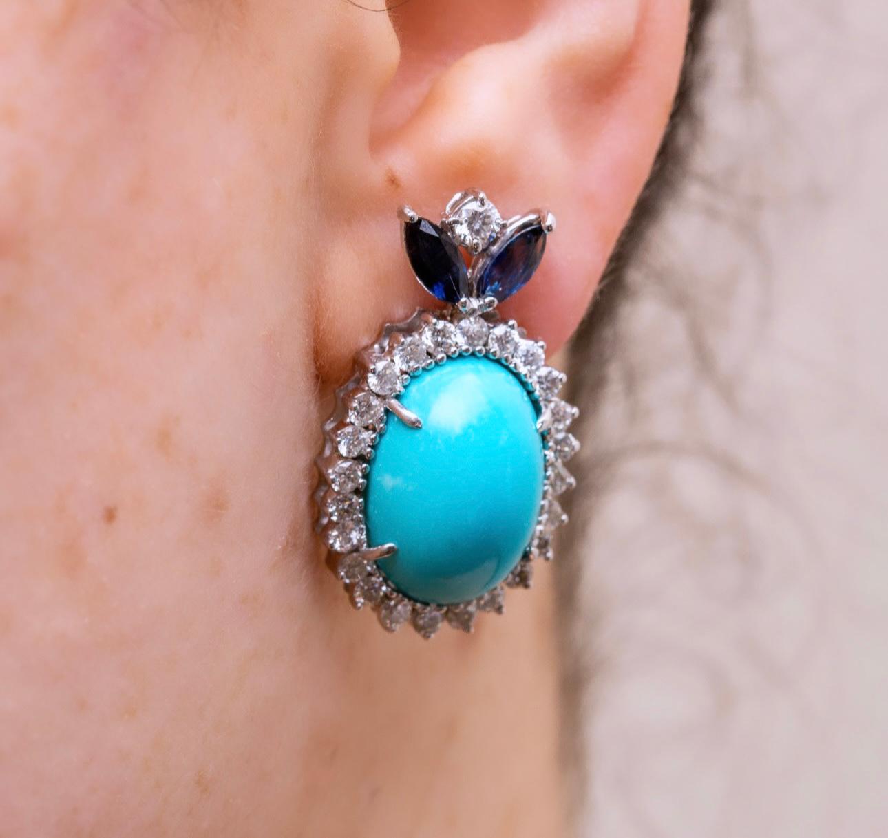 Boucles d'oreilles turquoise, saphir et diamant/14k/18k or en vente 2