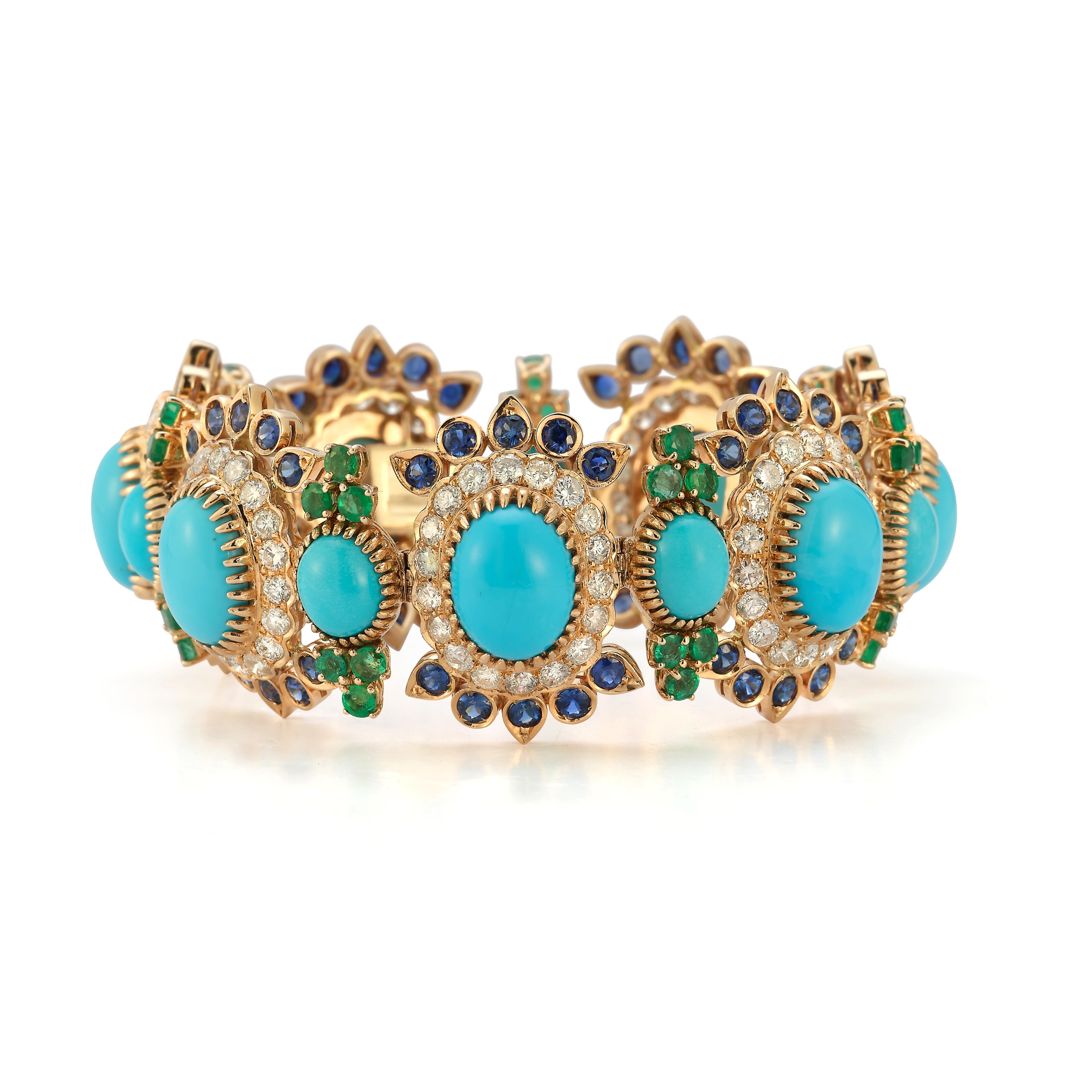 Armband mit Türkis, Saphir, Smaragd und Diamant  im Zustand „Hervorragend“ in New York, NY
