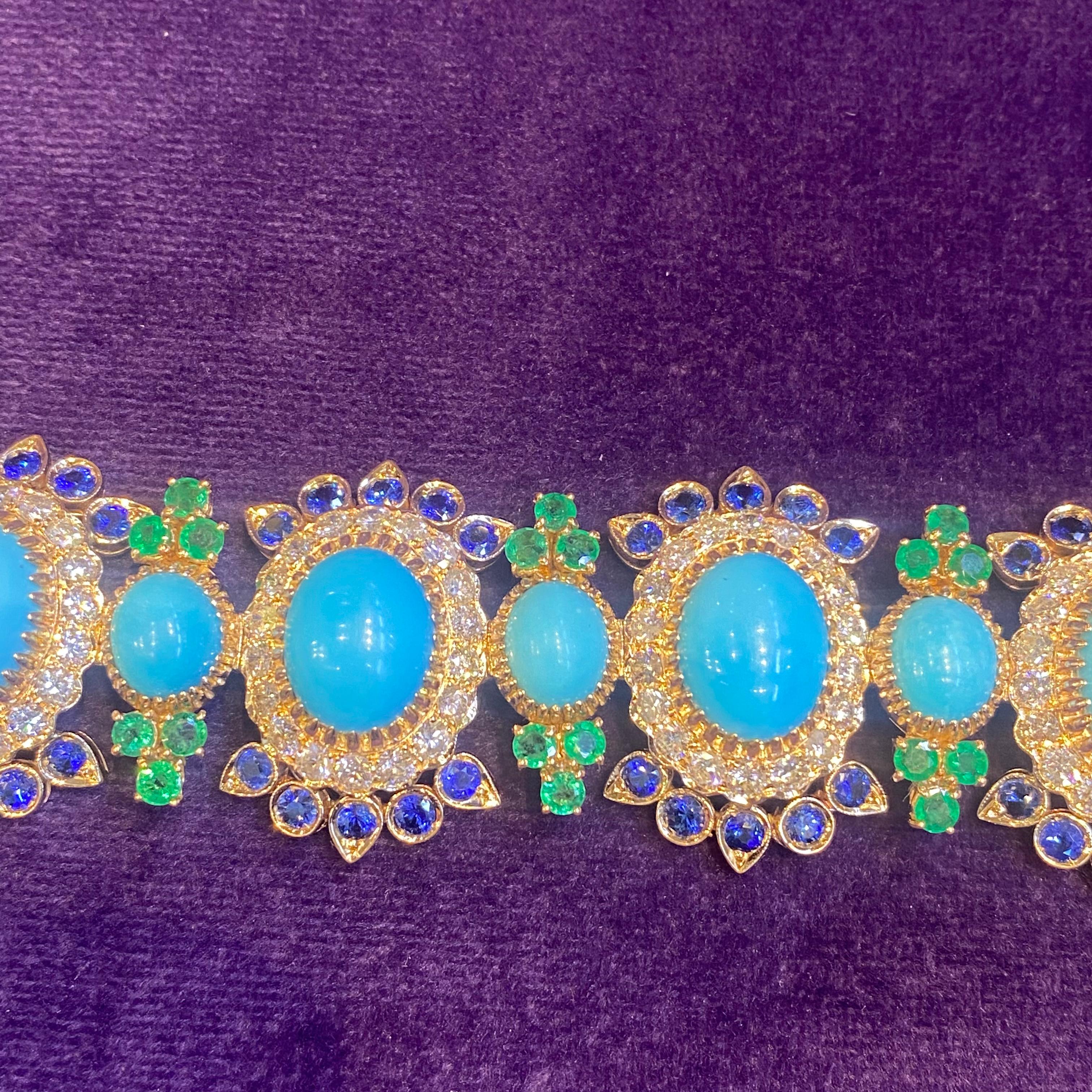 Round Cut Turquoise Sapphire Emerald & Diamond Bracelet For Sale